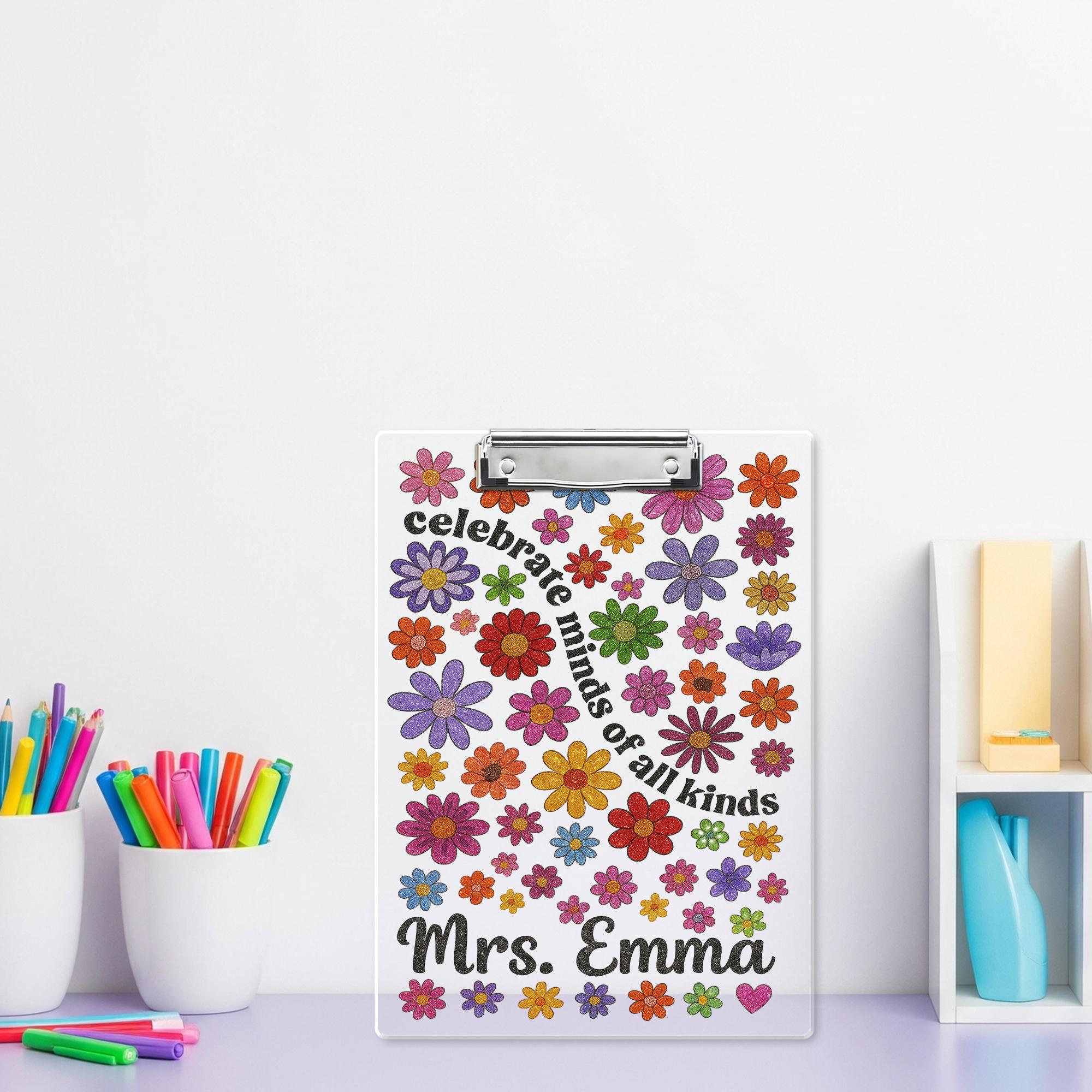 Personalized Teacher Clipboard – Celebrate Minds of All Kinds – Custom Floral Clipboard Gift – Back to School Teacher Name Gift