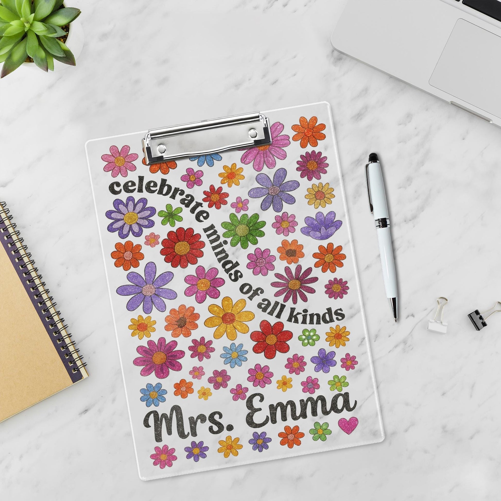 Personalized Teacher Clipboard – Celebrate Minds of All Kinds – Custom Floral Clipboard Gift – Back to School Teacher Name Gift