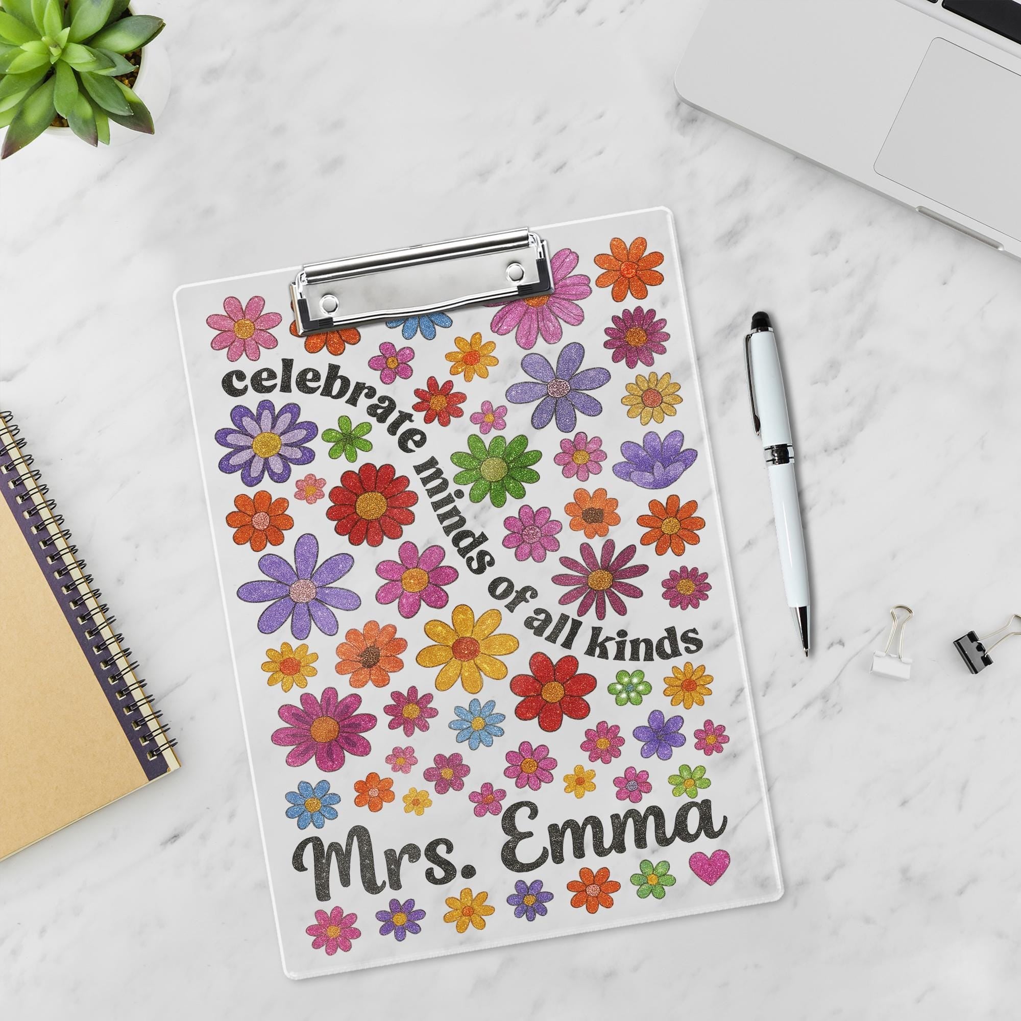 Personalized Teacher Clipboard – Celebrate Minds of All Kinds – Custom Floral Clipboard Gift – Back to School Teacher Name Gift
