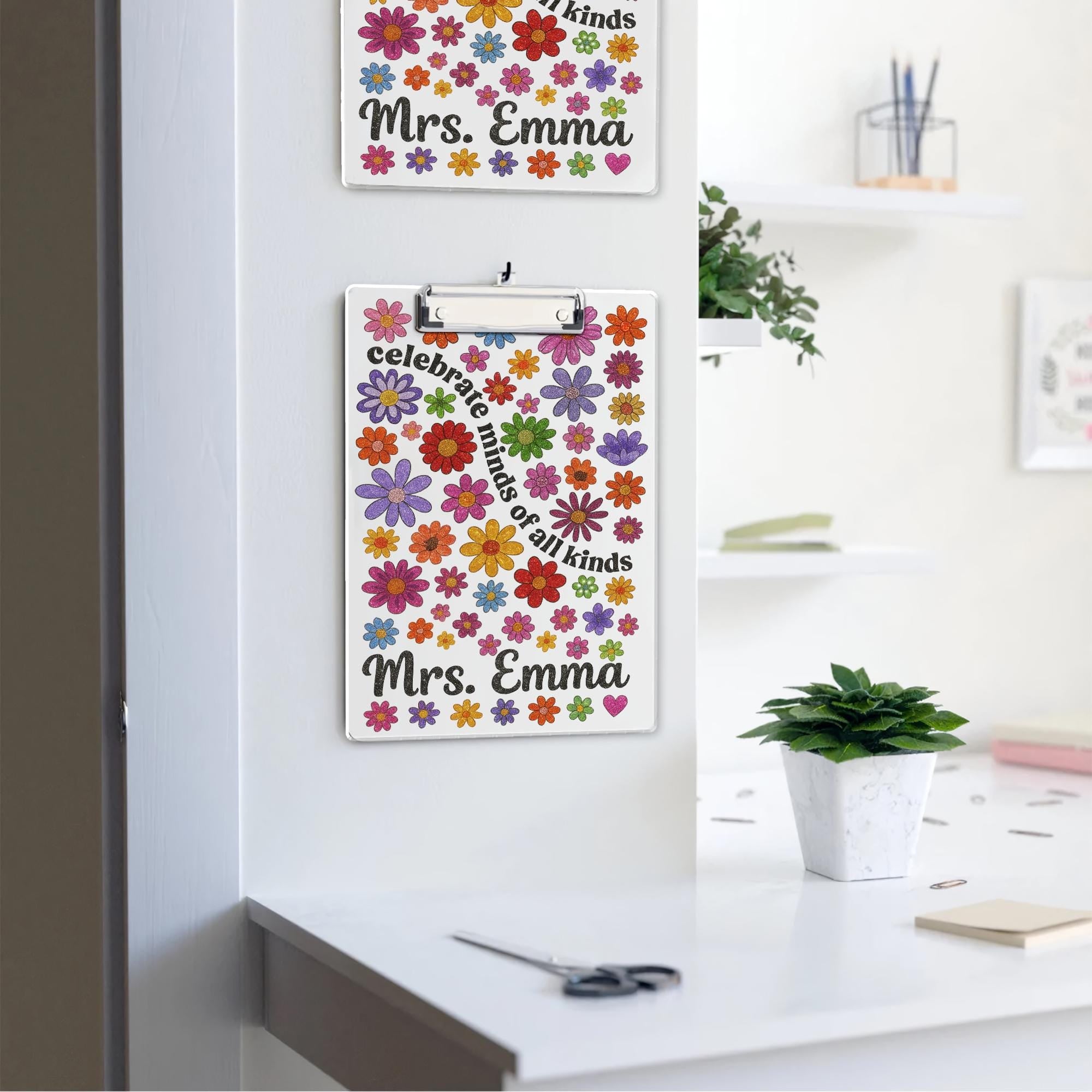 Personalized Teacher Clipboard – Celebrate Minds of All Kinds – Custom Floral Clipboard Gift – Back to School Teacher Name Gift
