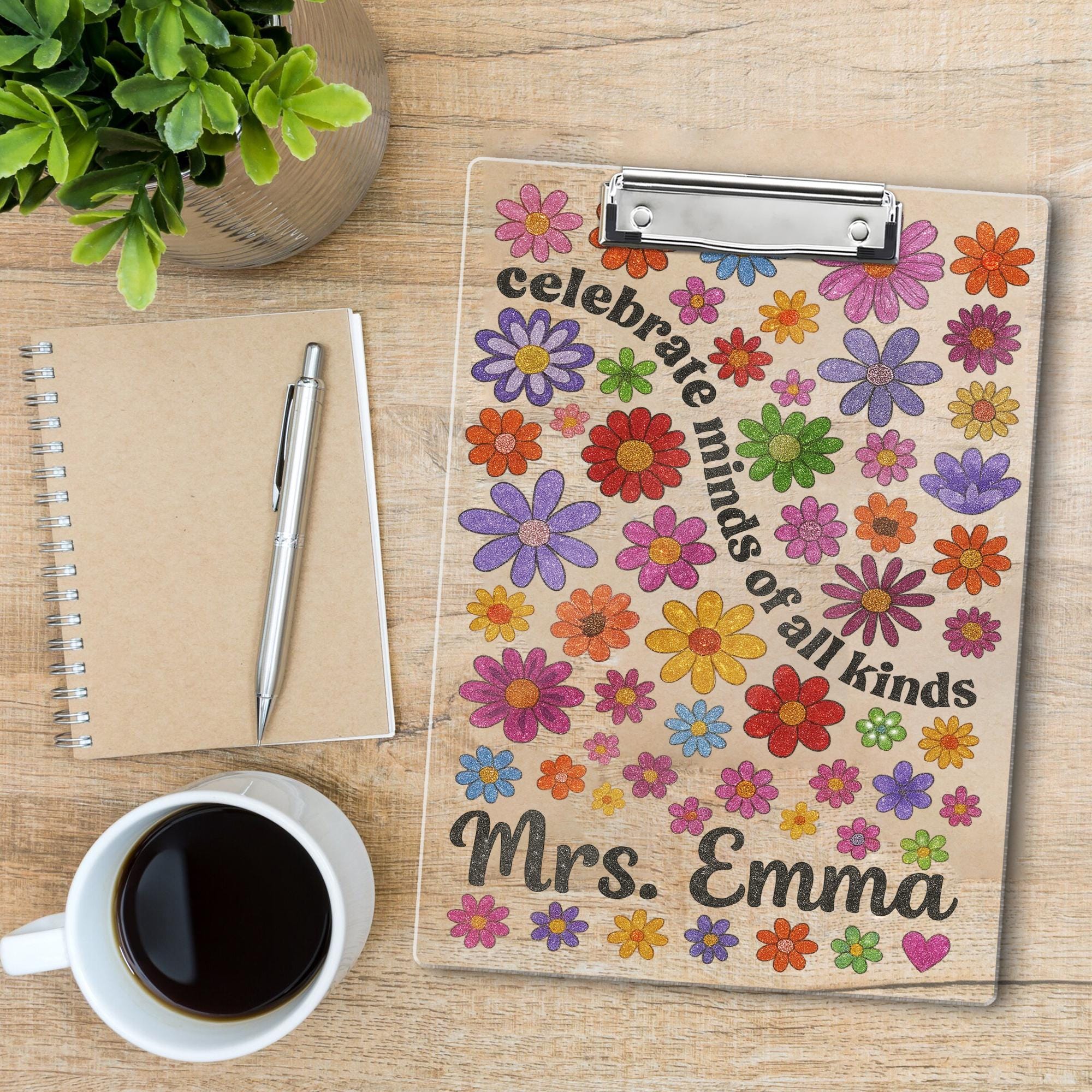 Personalized Teacher Clipboard – Celebrate Minds of All Kinds – Custom Floral Clipboard Gift – Back to School Teacher Name Gift