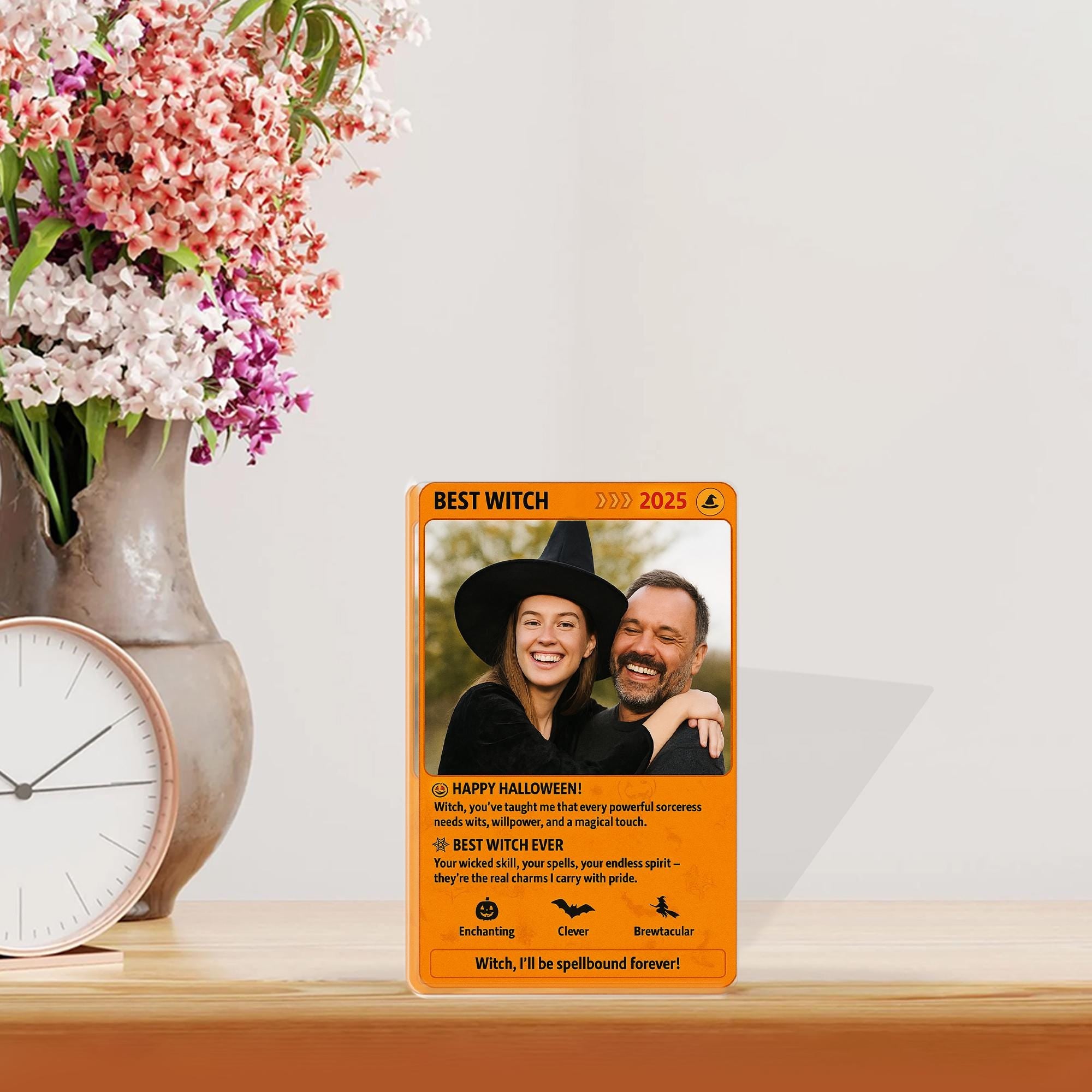 Personalized Best Witch Photo Acrylic Block, Custom Halloween Gift for Her, Sentimental Witchy Keepsake Plaque for Mom or Wife
