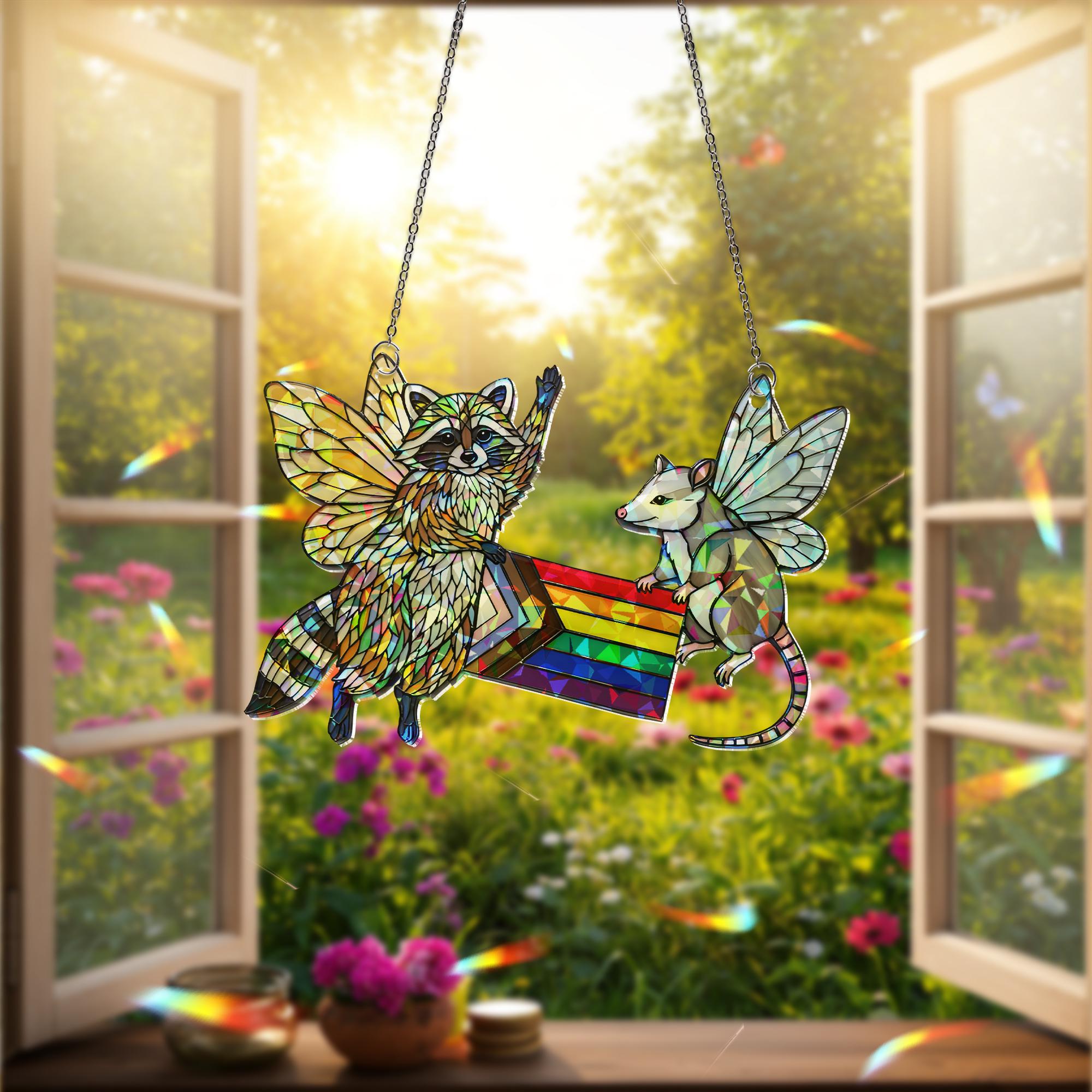 Pride Fairy Possum Decor, Fairy Raccoon Art, Pride Flag Hologram, LGBTQ Wall Decor, Cute Animal Pride Gift,Queer Fairycore Decor,Animal Gift