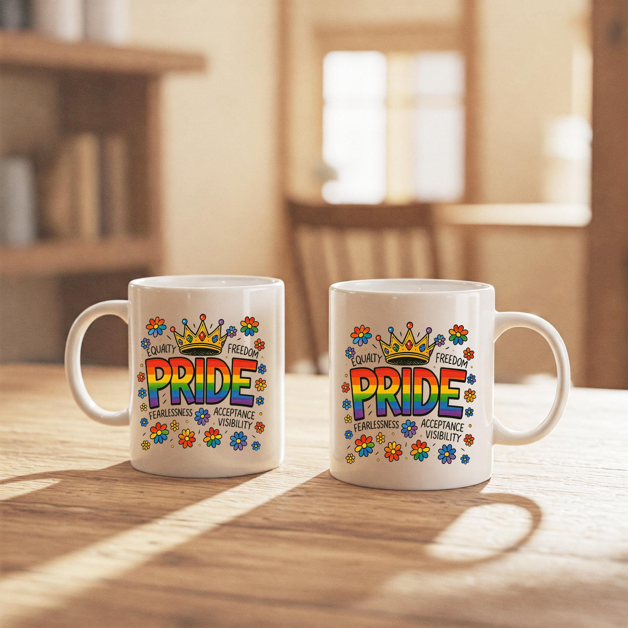 LGBTQ Pride Mug with Rainbow Crown – Equality, Acceptance & Love Ceramic Coffee Cup, Colorful Queer Gift for Pride Month or Daily Use