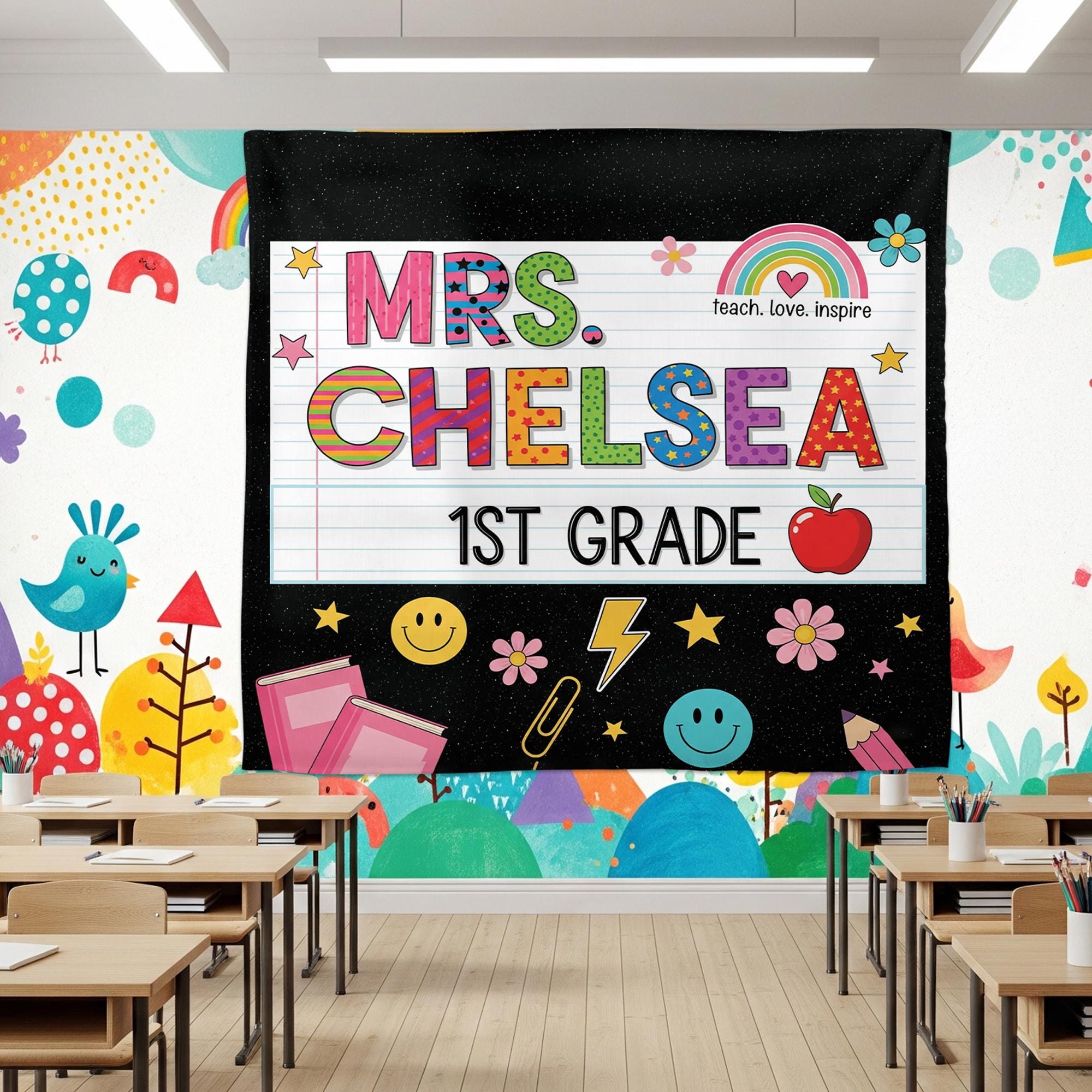 Custom Teacher Tapestry, Custom Classroom Banner, 1st Grade Wall Decor, Personalized School Sign, Cute Teacher Gift, Kute Classroom Decor