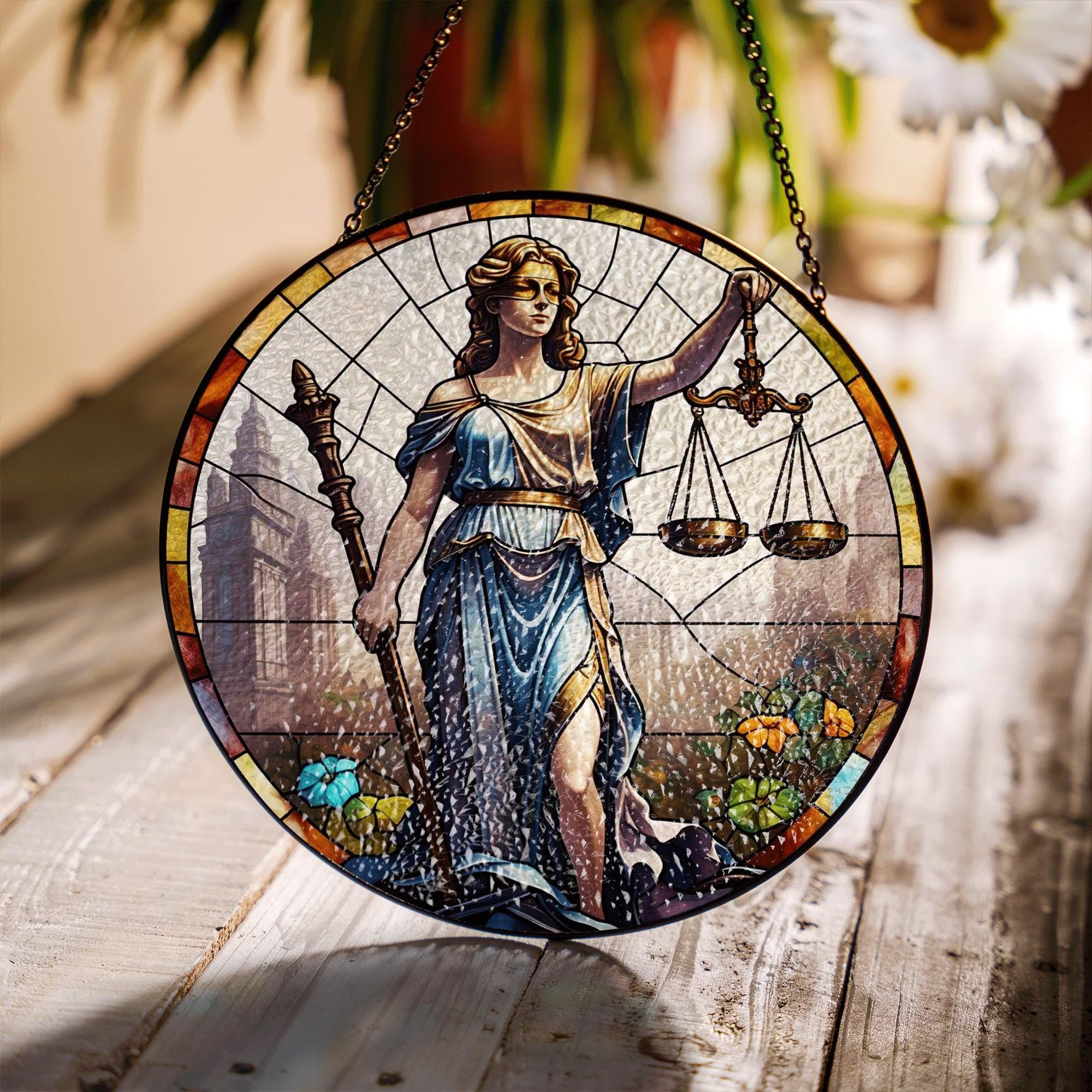 Lady Justice Glass Suncatcher – Stained Glass Style Hanging Decor for Lawyers, Judges, Legal Office, Law School Graduation Gift