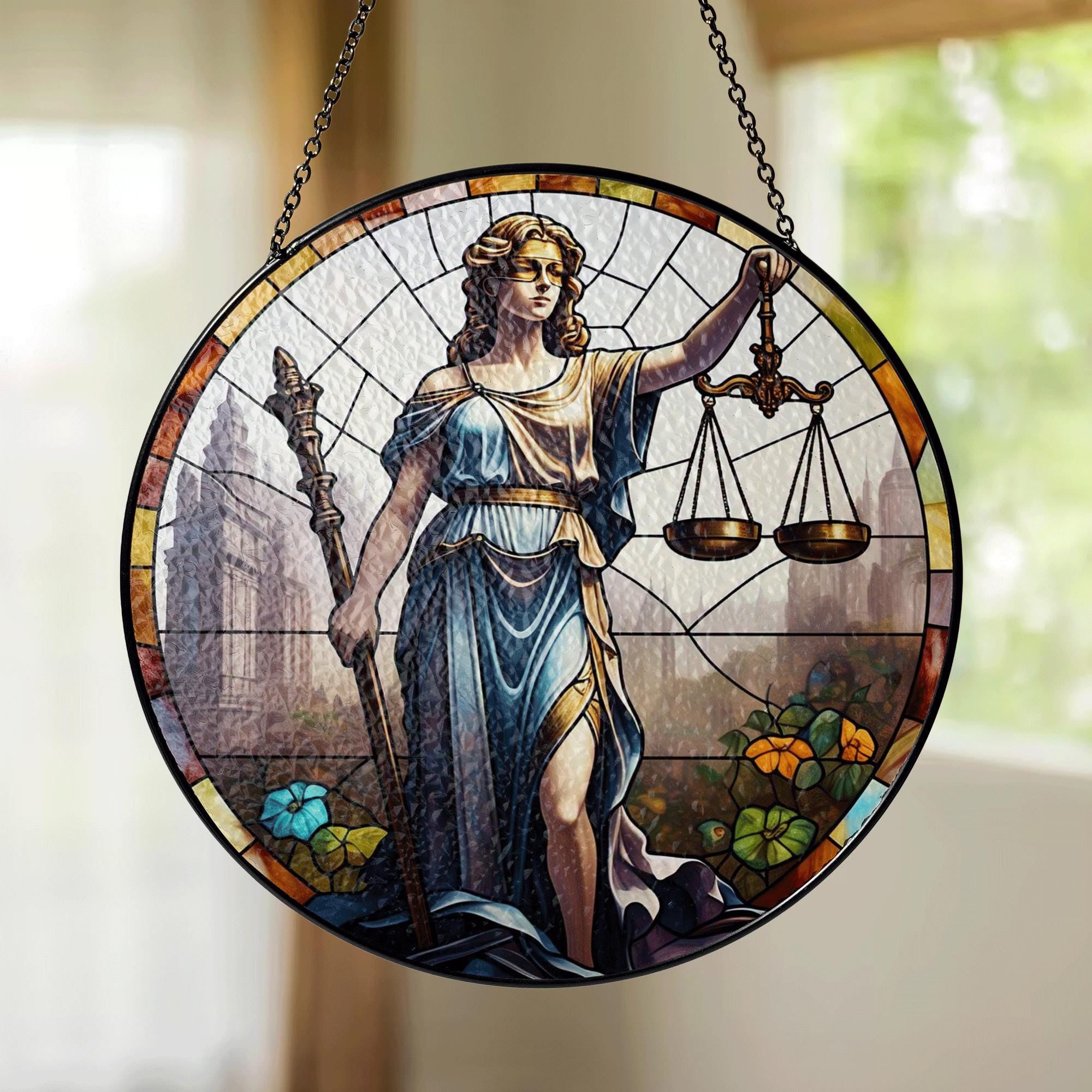 Lady Justice Glass Suncatcher – Stained Glass Style Hanging Decor for Lawyers, Judges, Legal Office, Law School Graduation Gift