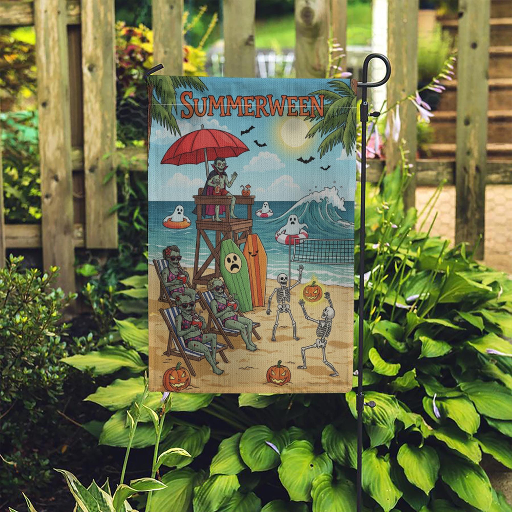Summerween Beach Flag | Funny Halloween Garden Decor | Skeleton Ghost Yard Flag | Spooky Summer Outdoor Sign