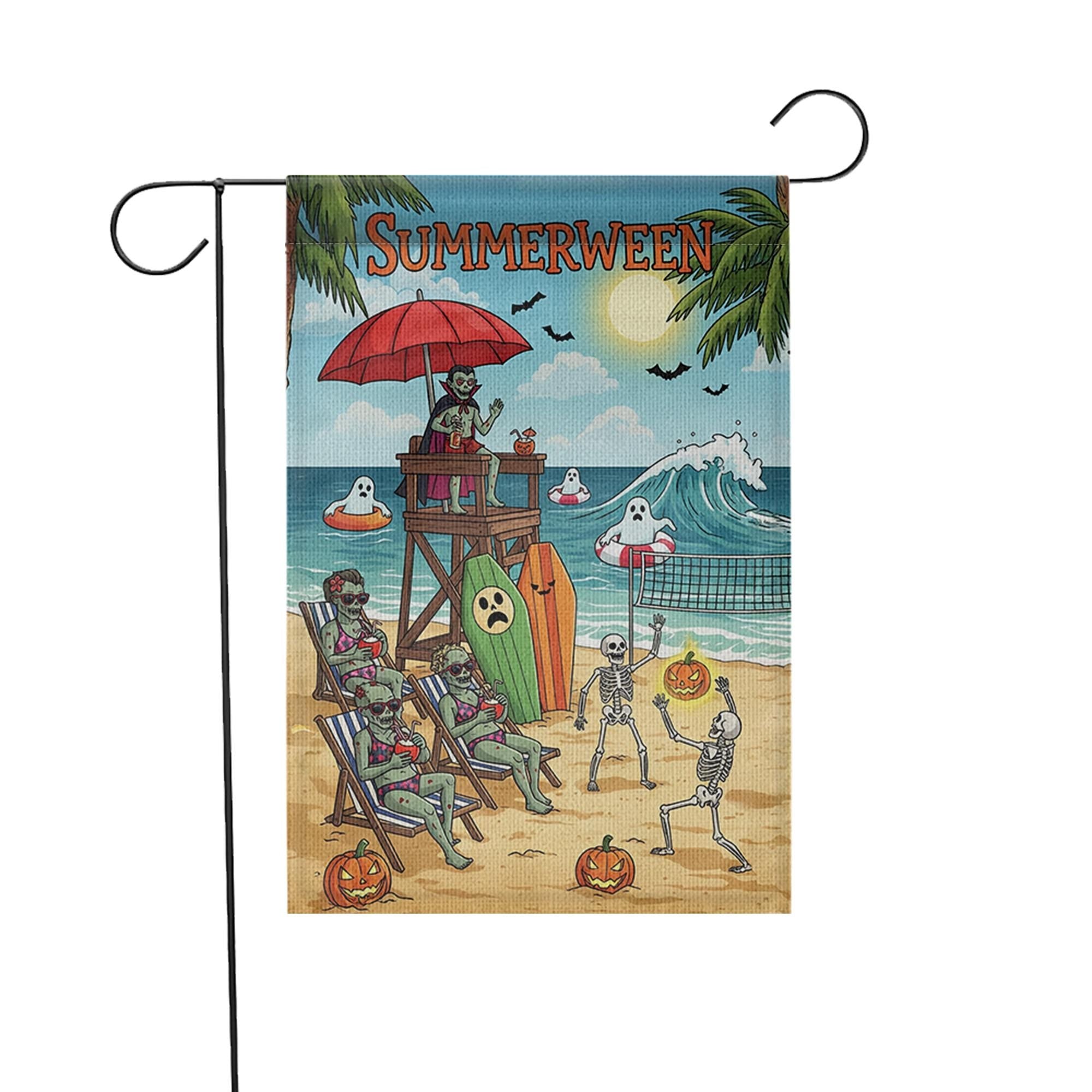 Summerween Beach Flag | Funny Halloween Garden Decor | Skeleton Ghost Yard Flag | Spooky Summer Outdoor Sign
