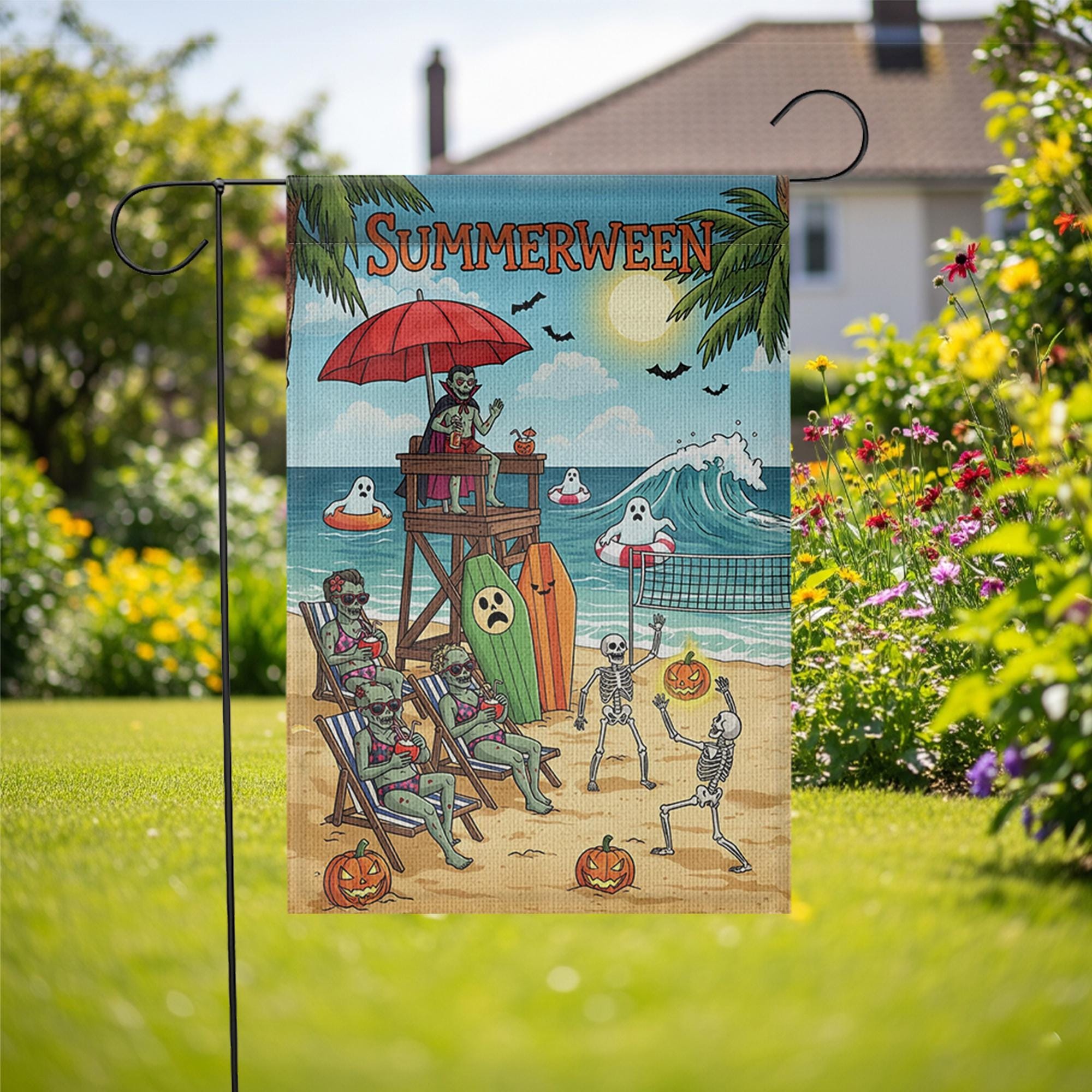 Summerween Beach Flag | Funny Halloween Garden Decor | Skeleton Ghost Yard Flag | Spooky Summer Outdoor Sign
