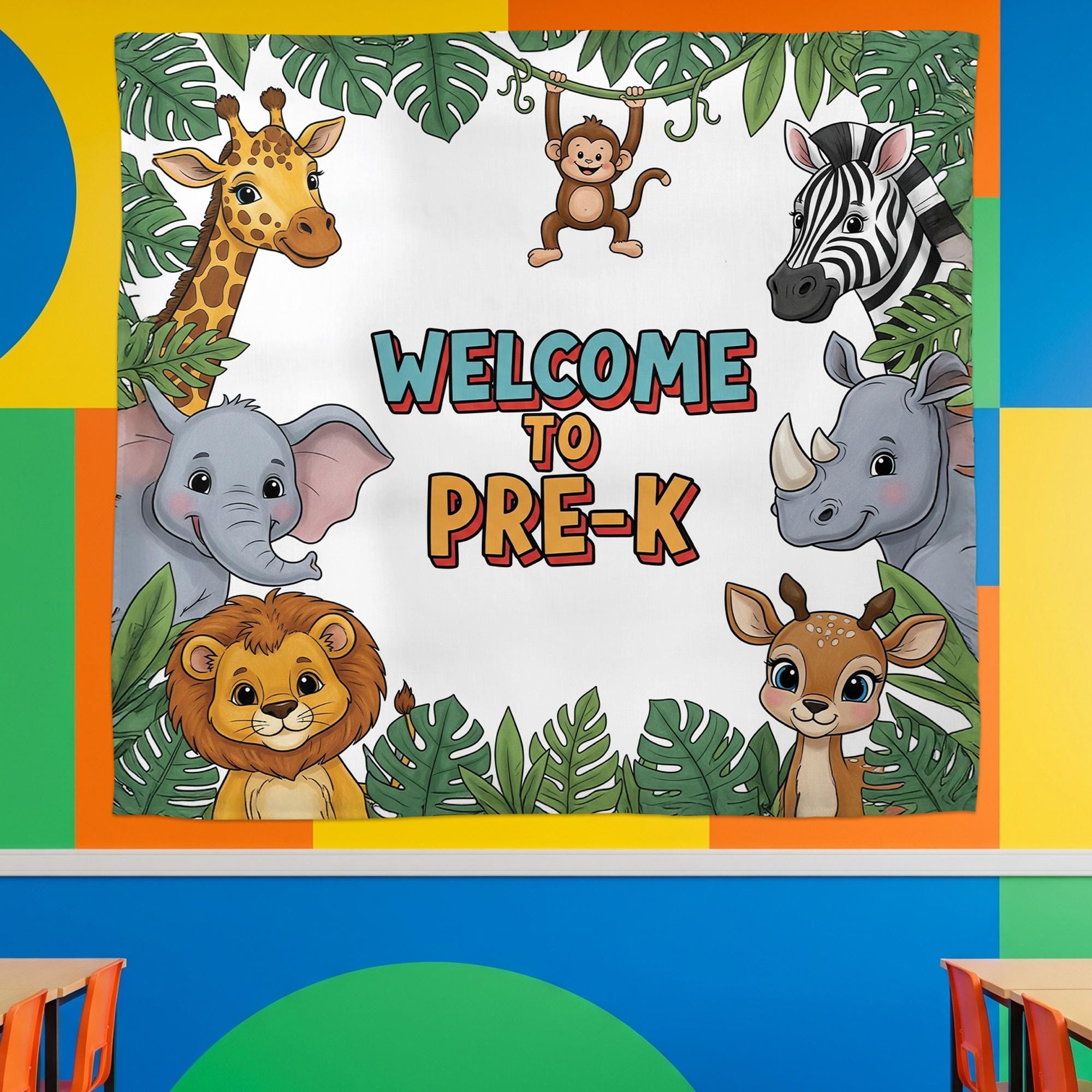 Welcome to Pre-K Jungle Safari Tapestry, Classroom Wall Decor, Animal Theme Backdrop, Teacher Gift, Preschool Room Sign, First day Of School