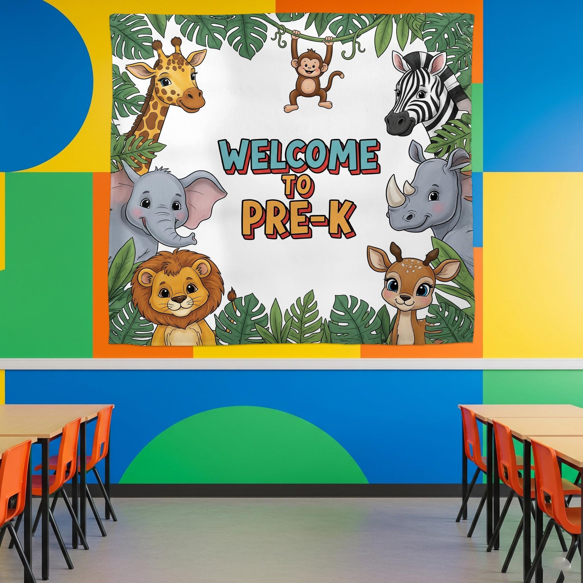 Welcome to Pre-K Jungle Safari Tapestry, Classroom Wall Decor, Animal Theme Backdrop, Teacher Gift, Preschool Room Sign, First day Of School