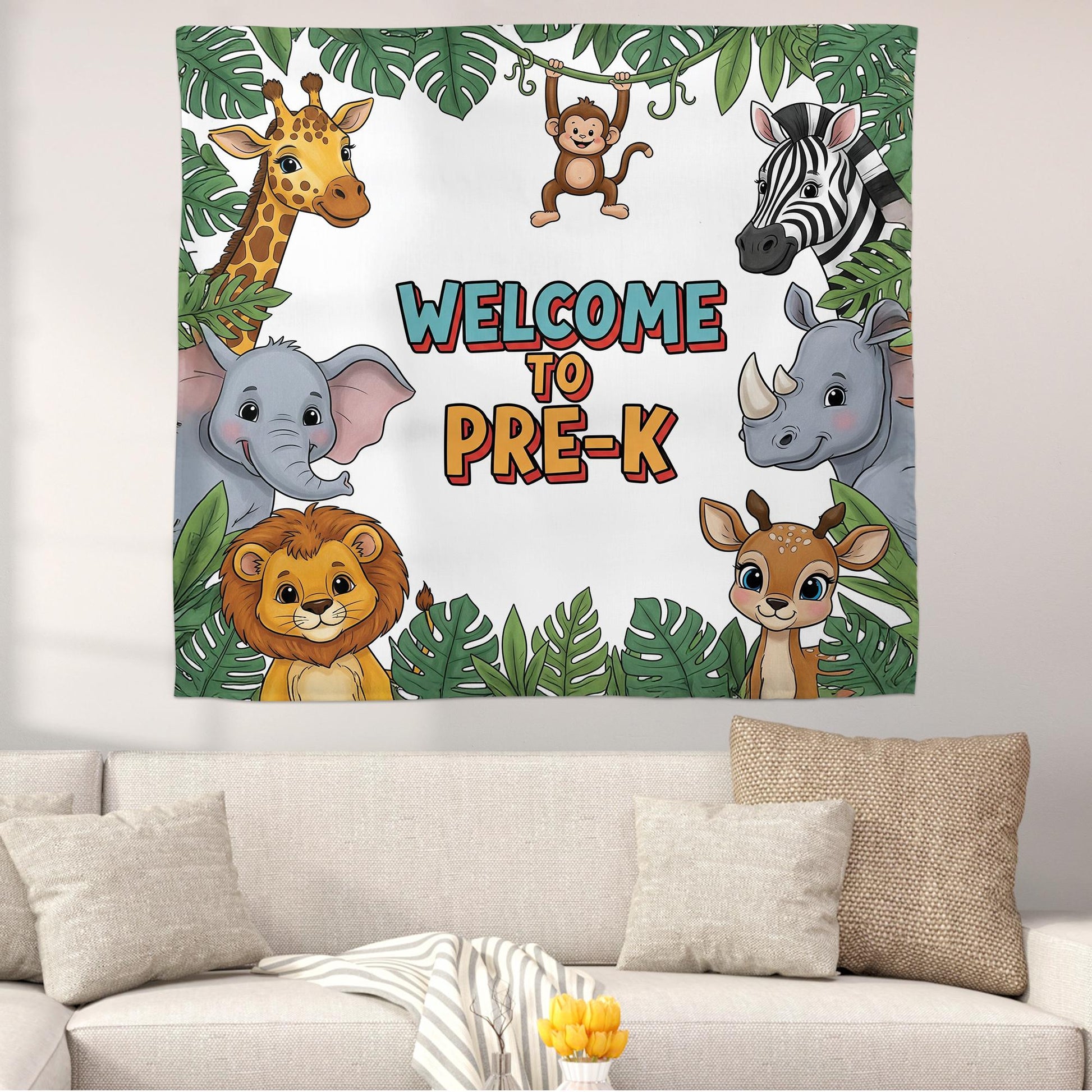 Welcome to Pre-K Jungle Safari Tapestry, Classroom Wall Decor, Animal Theme Backdrop, Teacher Gift, Preschool Room Sign, First day Of School