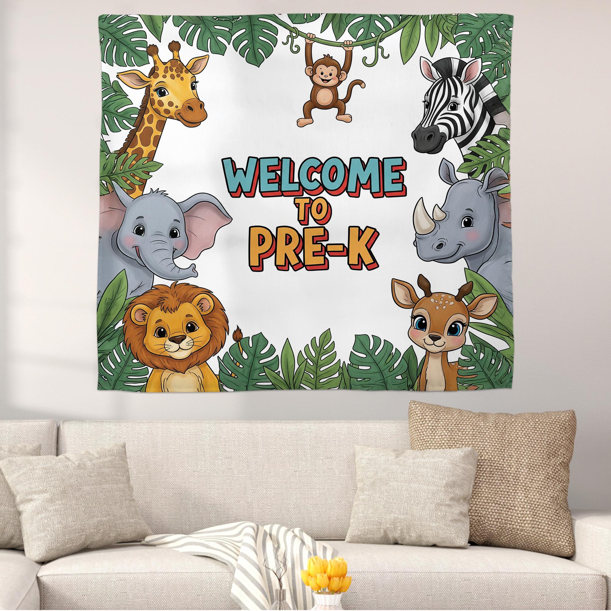Welcome to Pre-K Jungle Safari Tapestry, Classroom Wall Decor, Animal Theme Backdrop, Teacher Gift, Preschool Room Sign, First day Of School