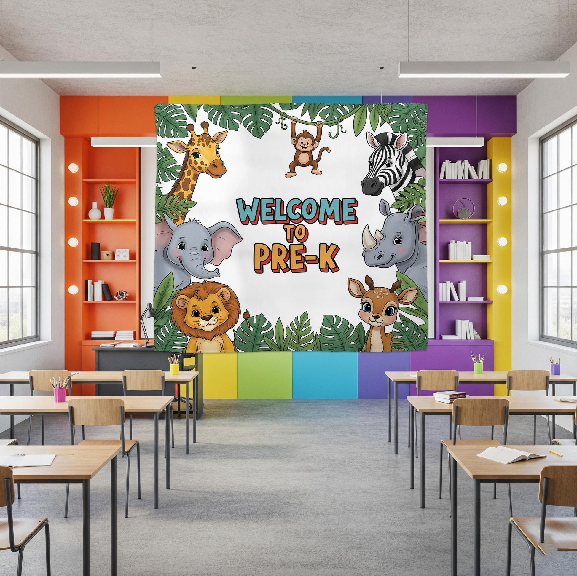 Welcome to Pre-K Jungle Safari Tapestry, Classroom Wall Decor, Animal Theme Backdrop, Teacher Gift, Preschool Room Sign, First day Of School