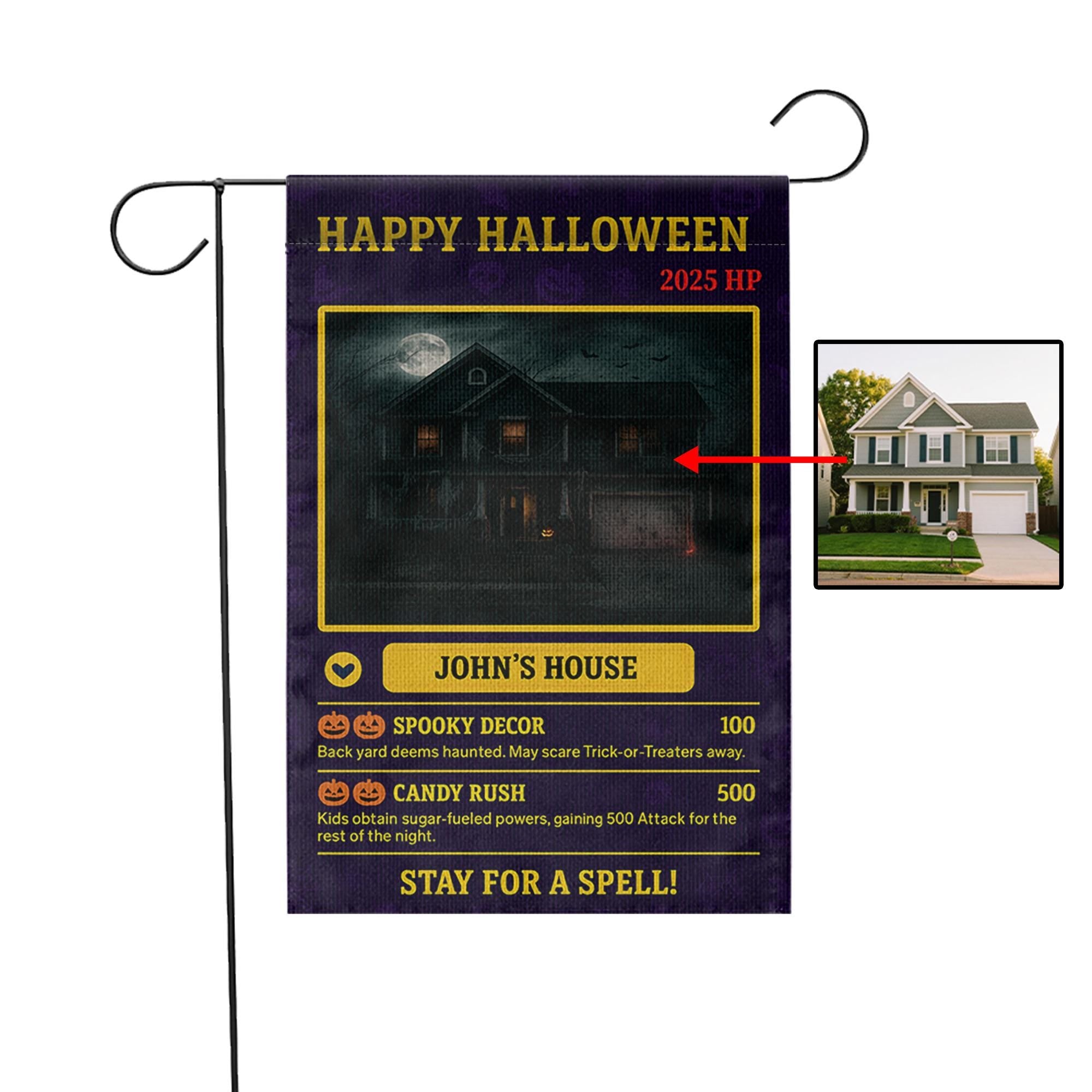 Personalized Halloween Garden Flag, Custom House Photo Video Game Card, Spooky Gamer Decor, Funny Yard Sign for Homeowners, Nerdy Gift