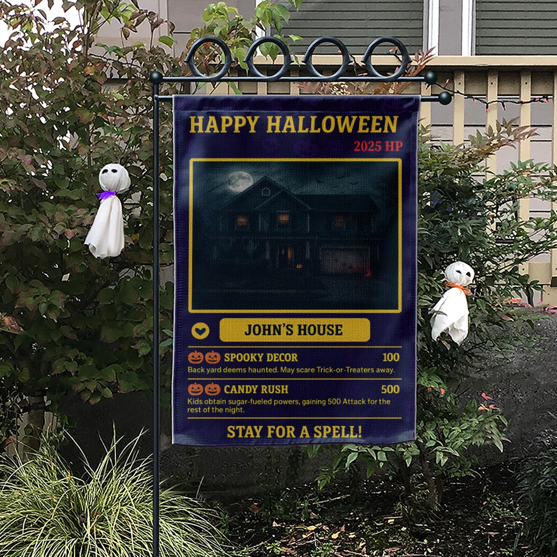 Personalized Halloween Garden Flag, Custom House Photo Video Game Card, Spooky Gamer Decor, Funny Yard Sign for Homeowners, Nerdy Gift