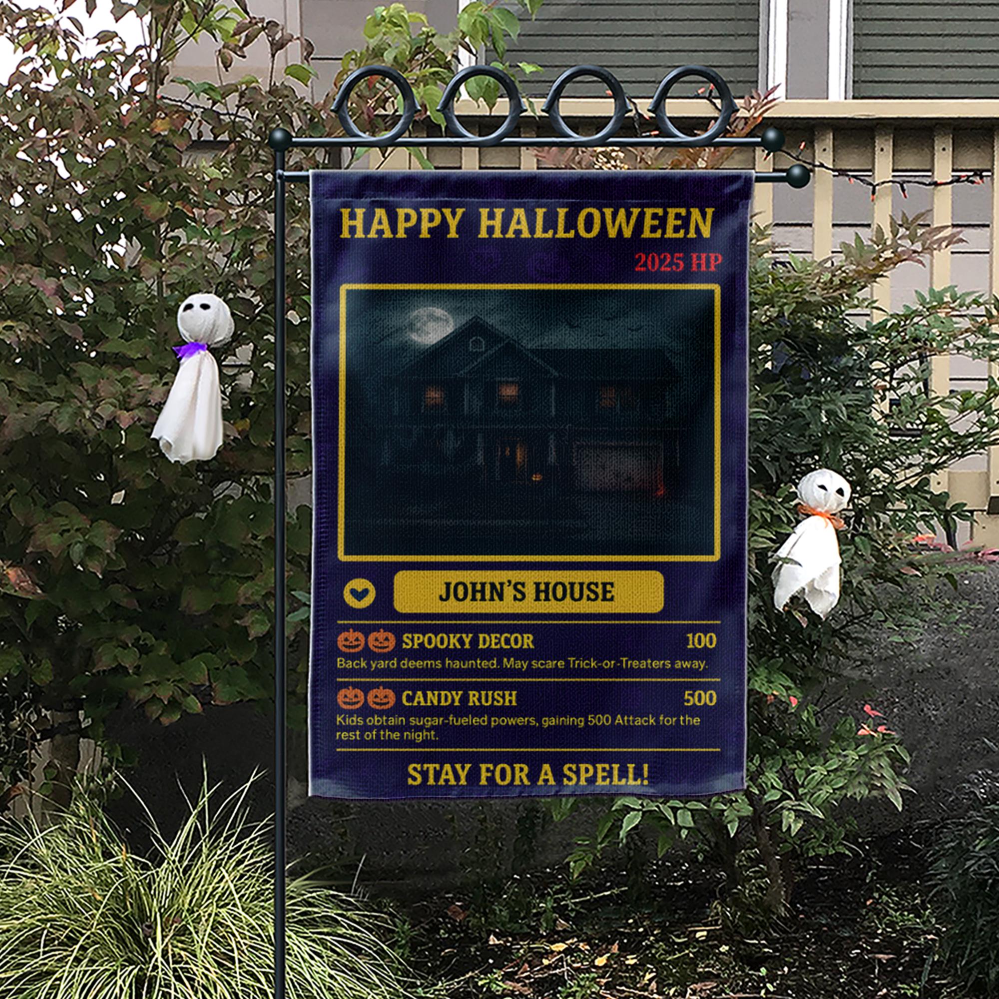 Personalized Halloween Garden Flag, Custom House Photo Video Game Card, Spooky Gamer Decor, Funny Yard Sign for Homeowners, Nerdy Gift