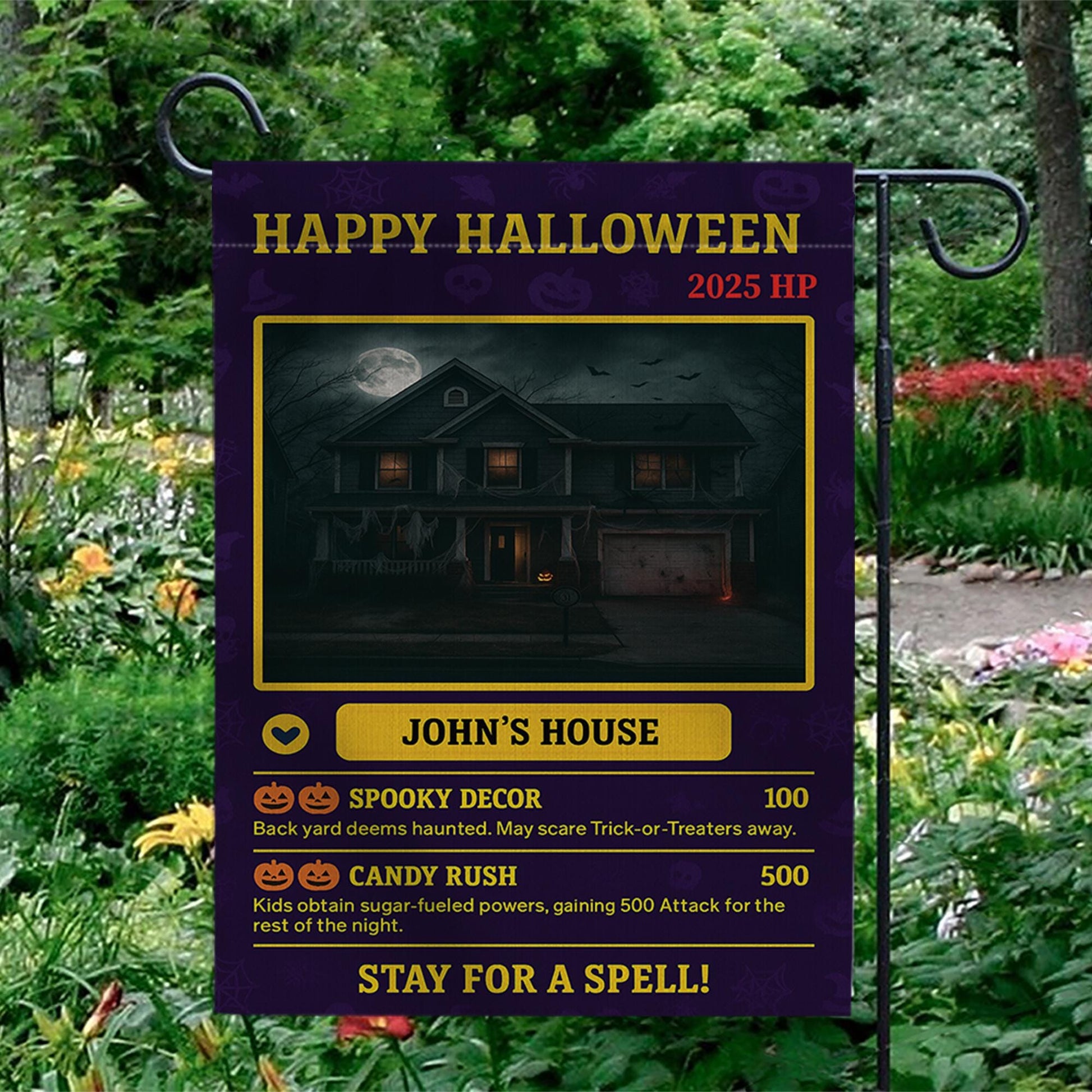 Personalized Halloween Garden Flag, Custom House Photo Video Game Card, Spooky Gamer Decor, Funny Yard Sign for Homeowners, Nerdy Gift