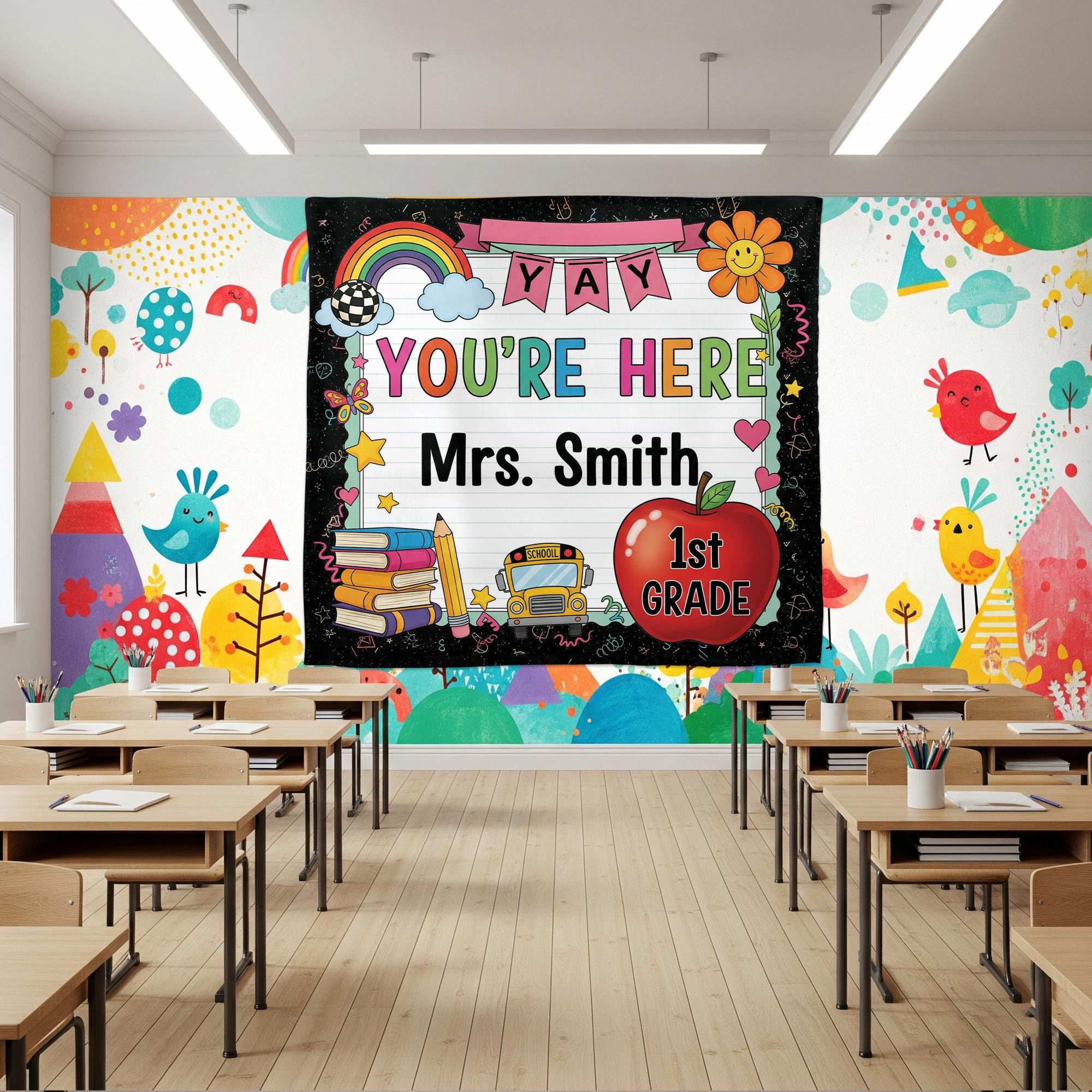 Personalized 1st Grade Classroom Tapestry, Teacher Name Wall Decor, Back to School Sign, Rainbow Apple Banner for Kids Room