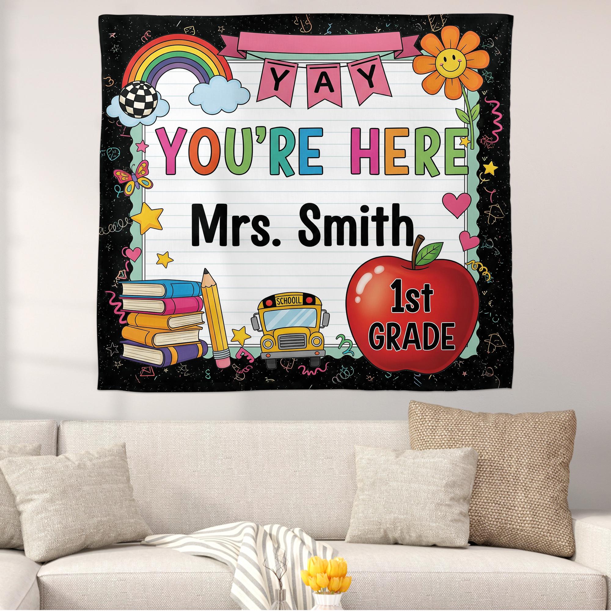 Personalized 1st Grade Classroom Tapestry, Teacher Name Wall Decor, Back to School Sign, Rainbow Apple Banner for Kids Room