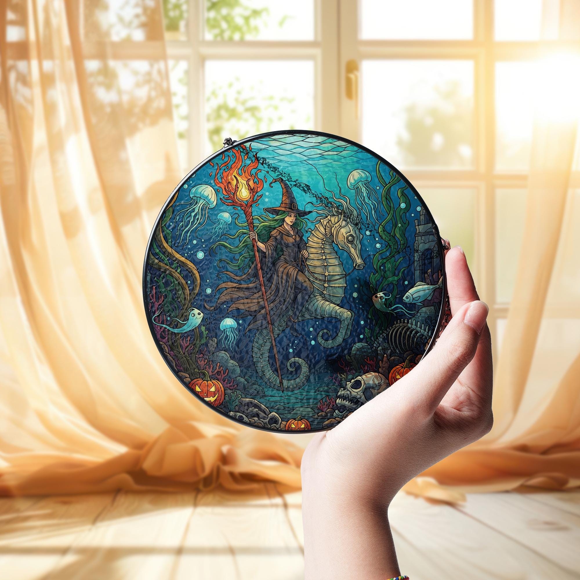 Underwater Witch Suncatcher | Halloween Sea Witch Window Hanging | Stained Glass Ocean Decor | Spooky Mermaid Wall Art