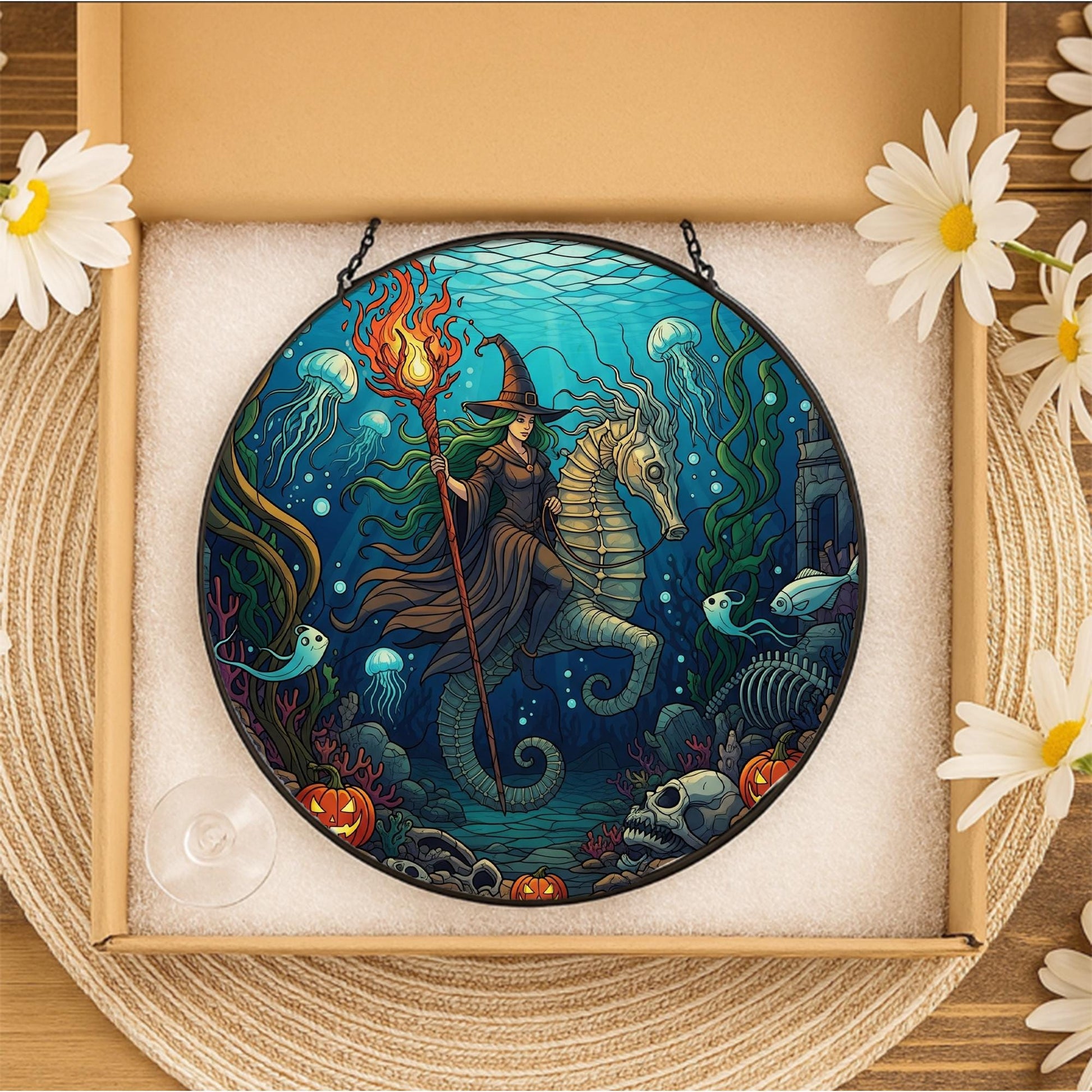 Underwater Witch Suncatcher | Halloween Sea Witch Window Hanging | Stained Glass Ocean Decor | Spooky Mermaid Wall Art