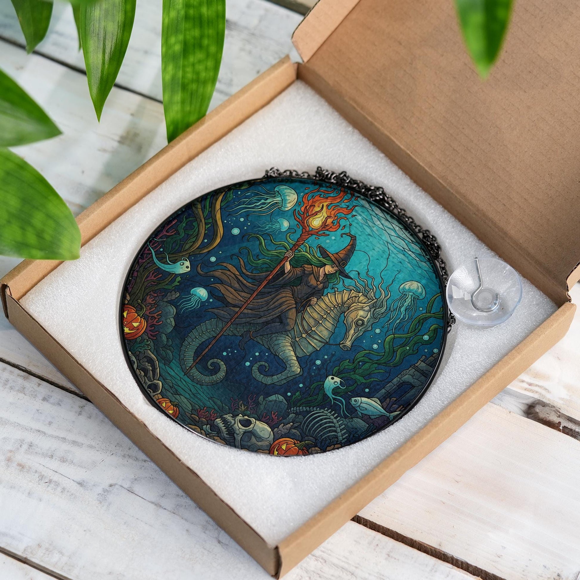 Underwater Witch Suncatcher | Halloween Sea Witch Window Hanging | Stained Glass Ocean Decor | Spooky Mermaid Wall Art