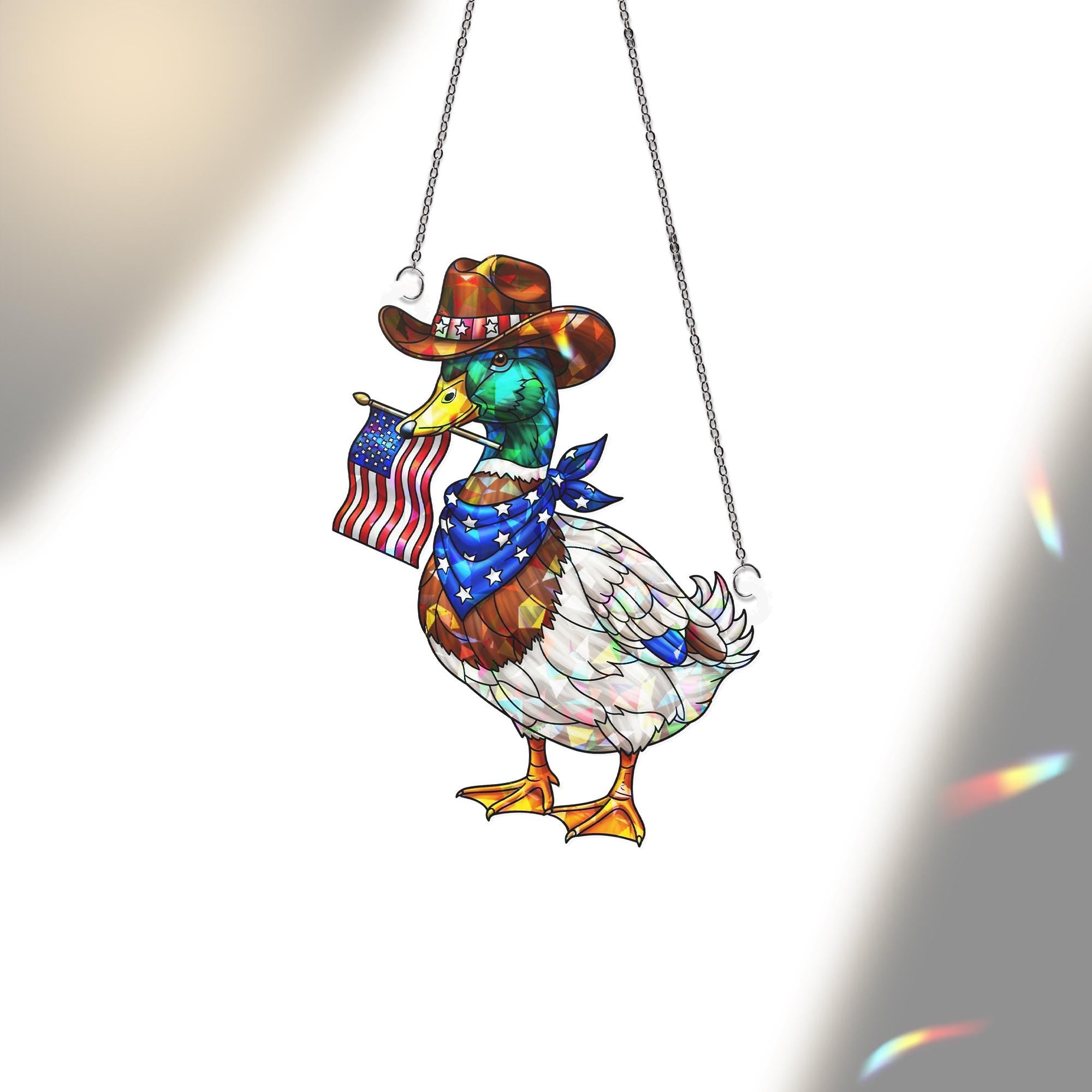 Patriotic Cowboy Duck Acrylic Window Hanging – Holographic 4th of July Suncatcher, Funny USA Decor, Country Farmhouse Gift