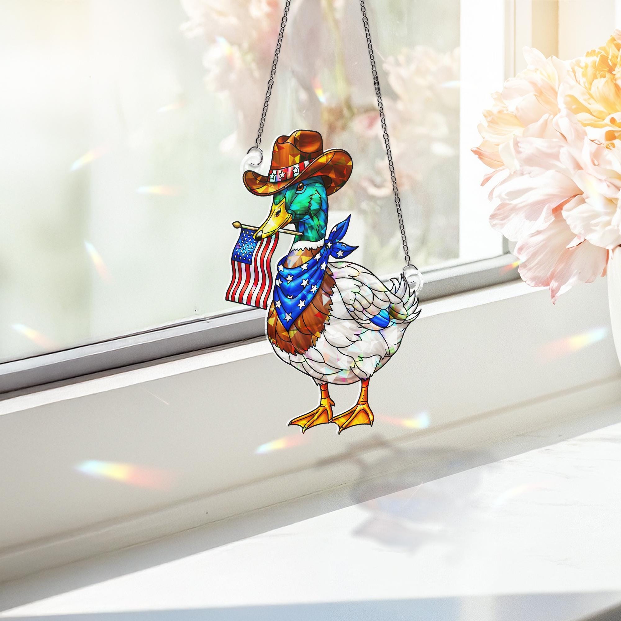 Patriotic Cowboy Duck Acrylic Window Hanging – Holographic 4th of July Suncatcher, Funny USA Decor, Country Farmhouse Gift
