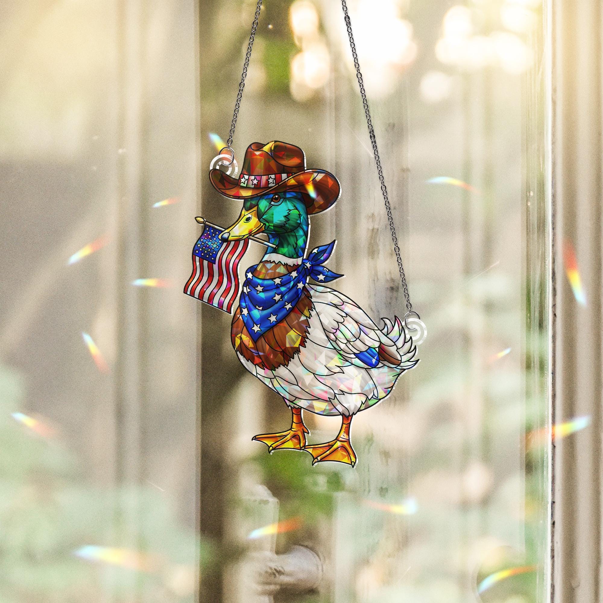 Patriotic Cowboy Duck Acrylic Window Hanging – Holographic 4th of July Suncatcher, Funny USA Decor, Country Farmhouse Gift