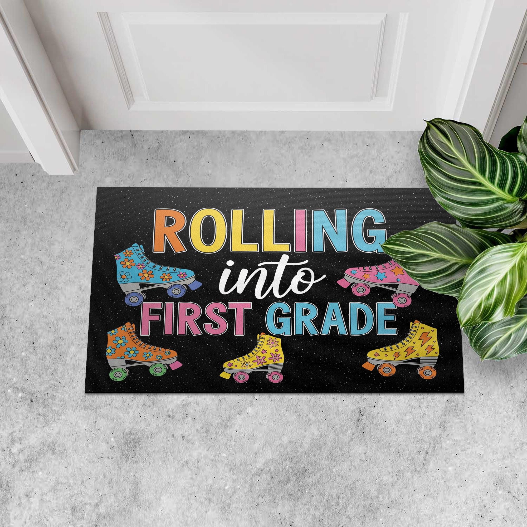 Rolling Into First Grade Doormat, Back to School Door Mat, Teacher Classroom Rug, Cute Roller Skate Welcome Mat for Kids