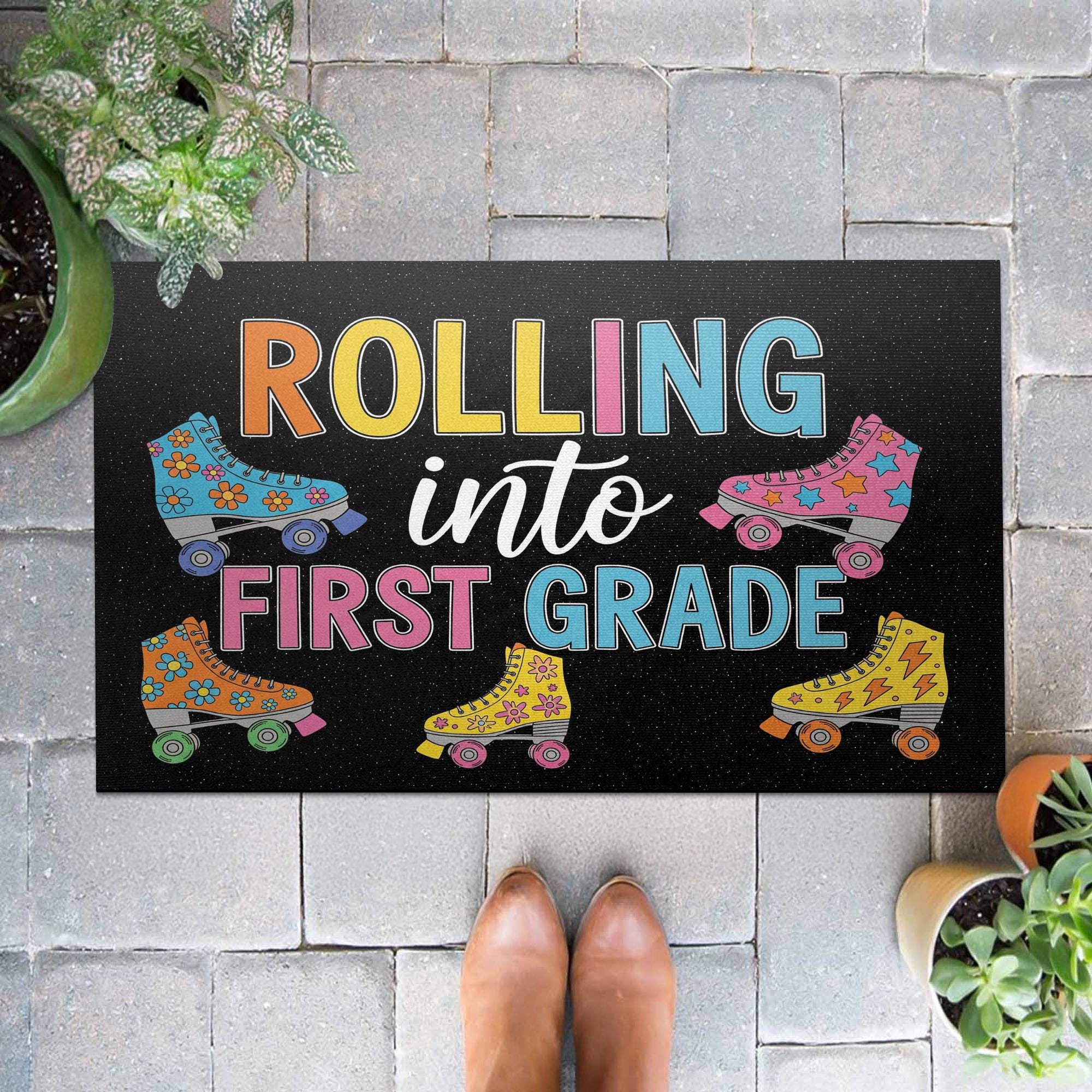 Rolling Into First Grade Doormat, Back to School Door Mat, Teacher Classroom Rug, Cute Roller Skate Welcome Mat for Kids