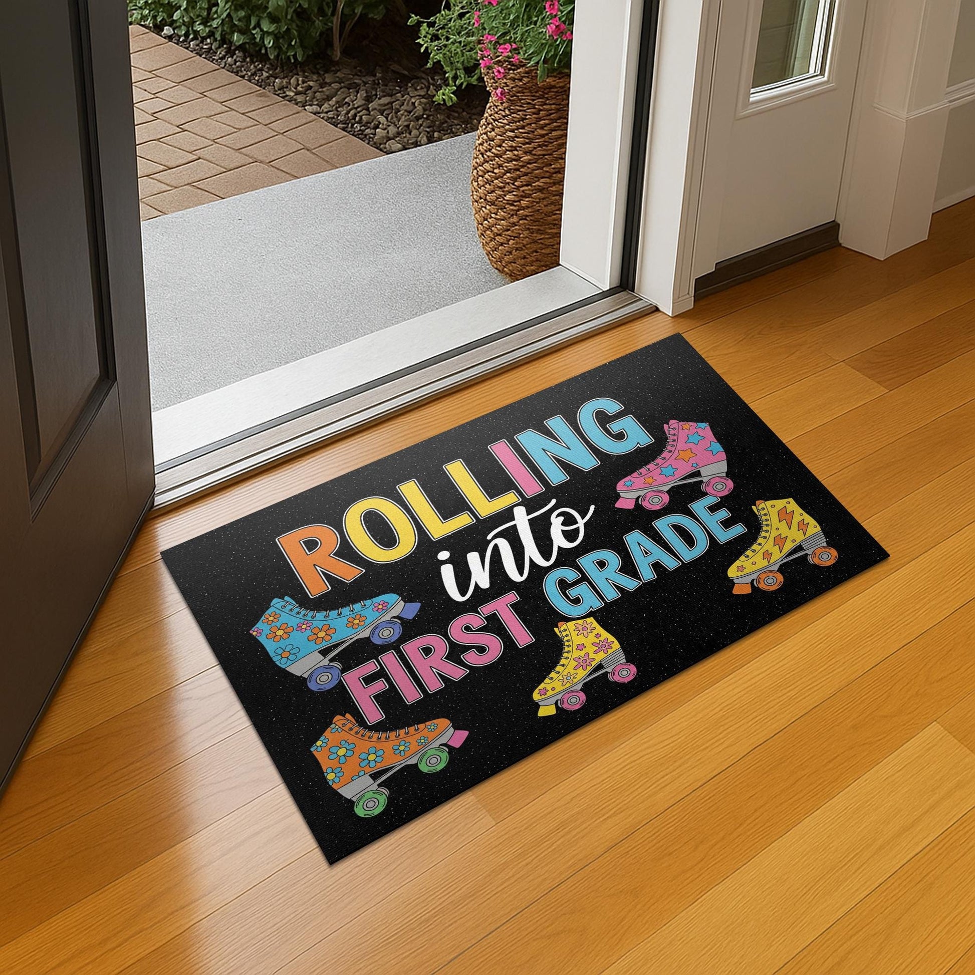 Rolling Into First Grade Doormat, Back to School Door Mat, Teacher Classroom Rug, Cute Roller Skate Welcome Mat for Kids