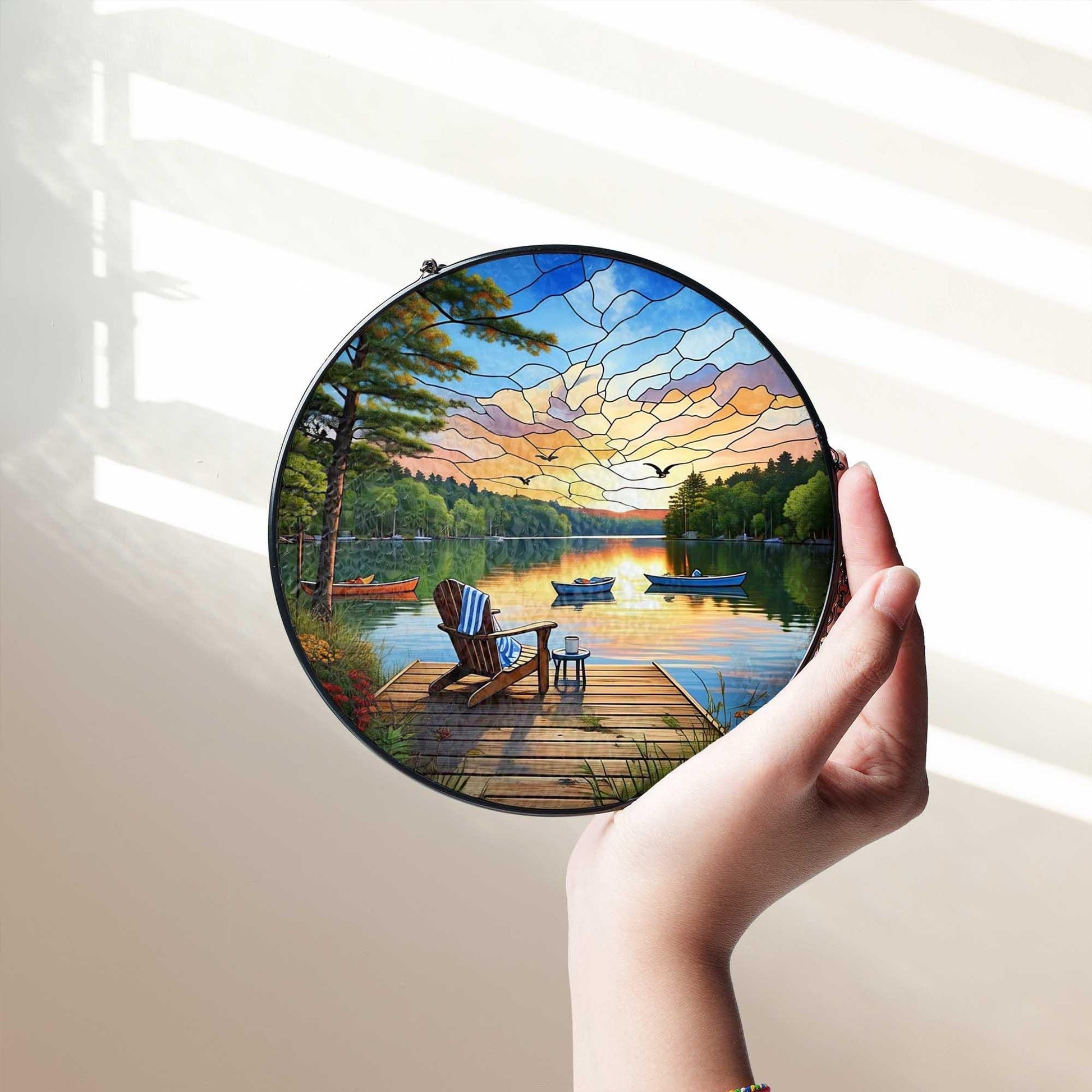 Lake Dock Sunset Glass Suncatcher – Peaceful Adirondack Chair & Canoe Scene, Cabin Window Hanging, Nature Lover’s Gift