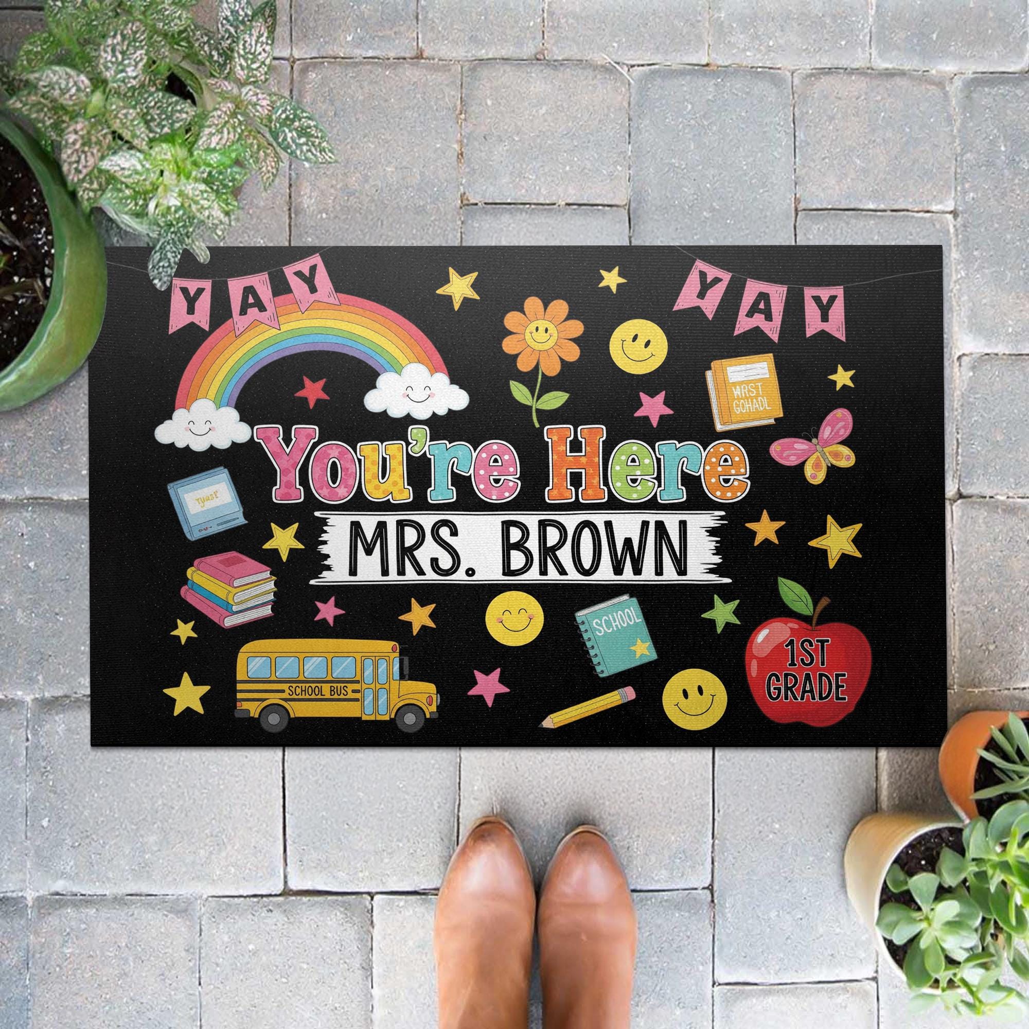Personalized Teacher Doormat, Yay You're Here Welcome Mat, Custom Classroom Rug, Back to School Decor, Teacher Gift Idea, Welcome mat