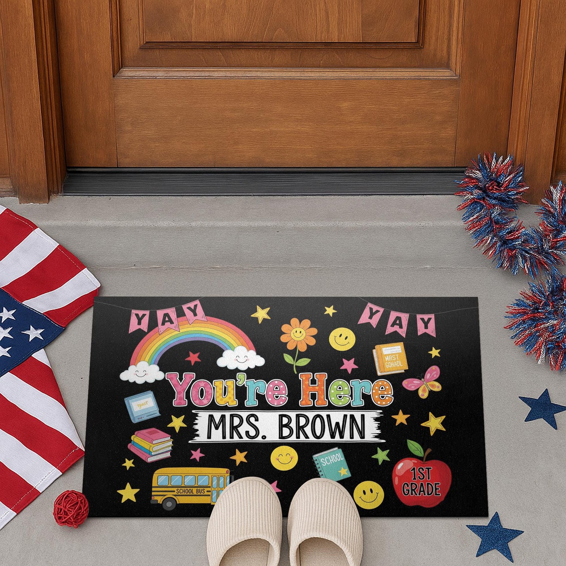 Personalized Teacher Doormat, Yay You're Here Welcome Mat, Custom Classroom Rug, Back to School Decor, Teacher Gift Idea, Welcome mat