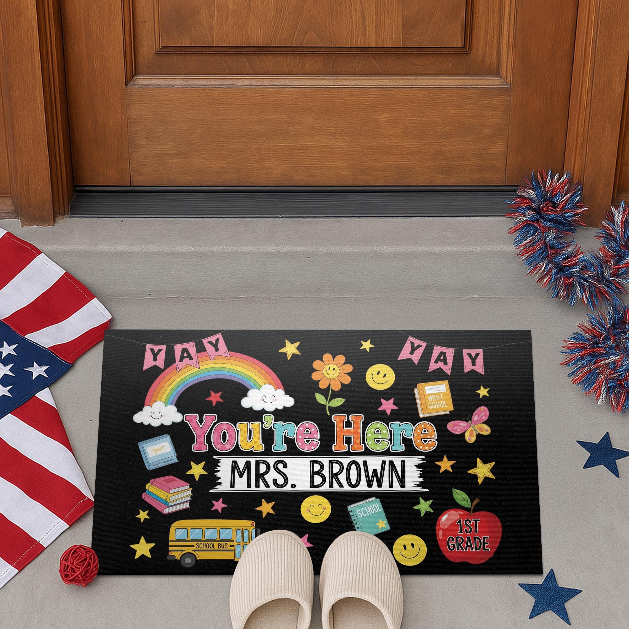 Personalized Teacher Doormat, Yay You're Here Welcome Mat, Custom Classroom Rug, Back to School Decor, Teacher Gift Idea, Welcome mat