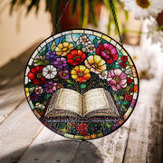 Open Book and Flowers Glass Suncatcher – Stained Glass Style Hanging Decor for Readers, Book Lovers, Teachers, Literary Gifts
