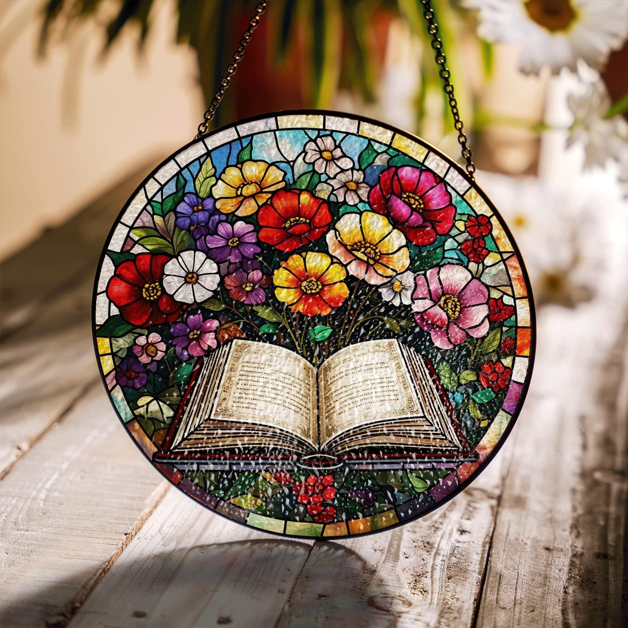 Open Book and Flowers Glass Suncatcher – Stained Glass Style Hanging Decor for Readers, Book Lovers, Teachers, Literary Gifts