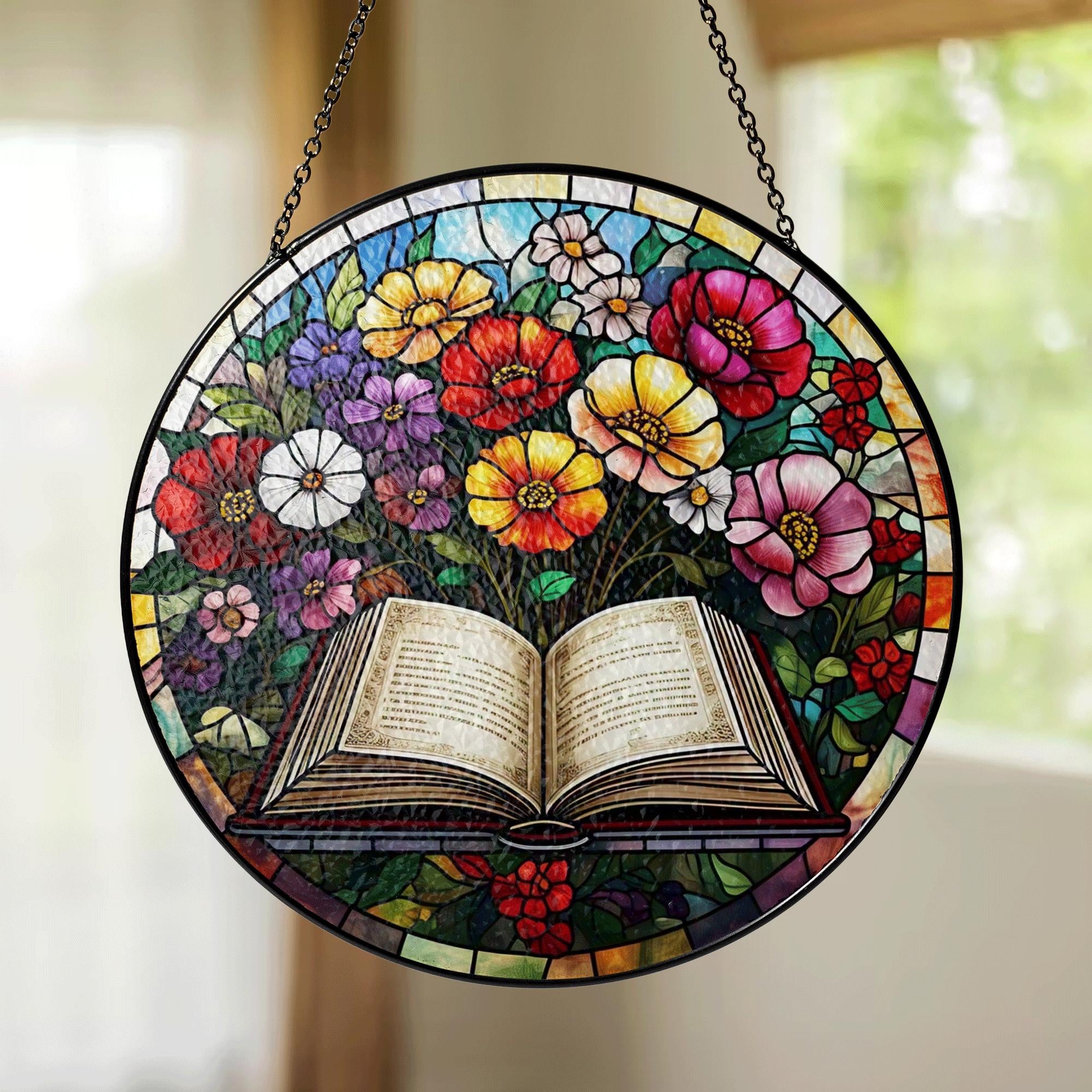 Open Book and Flowers Glass Suncatcher – Stained Glass Style Hanging Decor for Readers, Book Lovers, Teachers, Literary Gifts