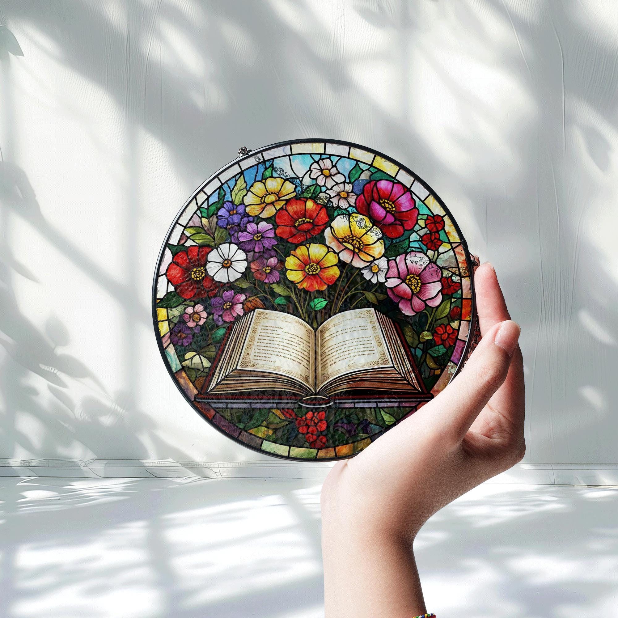 Open Book and Flowers Glass Suncatcher – Stained Glass Style Hanging Decor for Readers, Book Lovers, Teachers, Literary Gifts