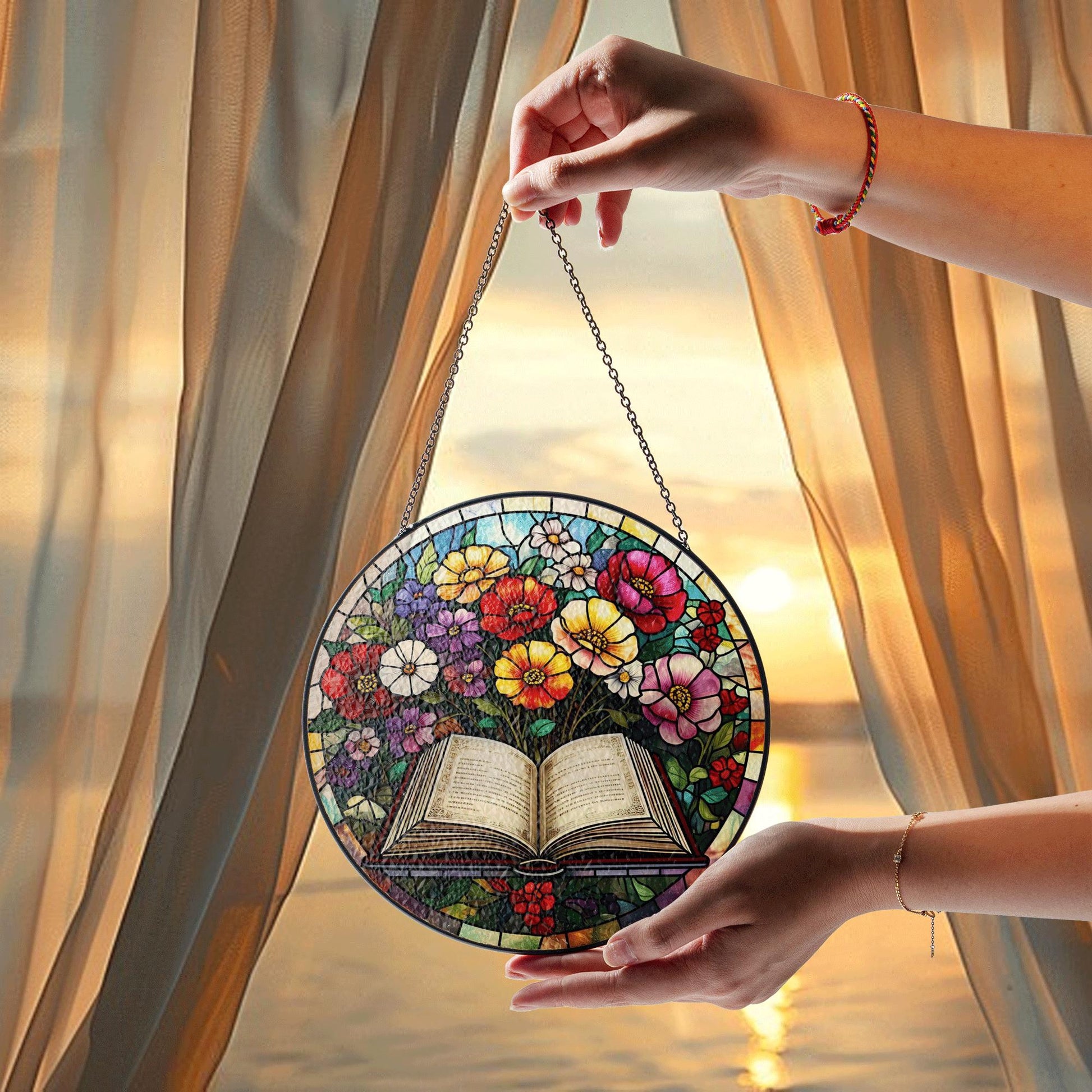 Open Book and Flowers Glass Suncatcher – Stained Glass Style Hanging Decor for Readers, Book Lovers, Teachers, Literary Gifts