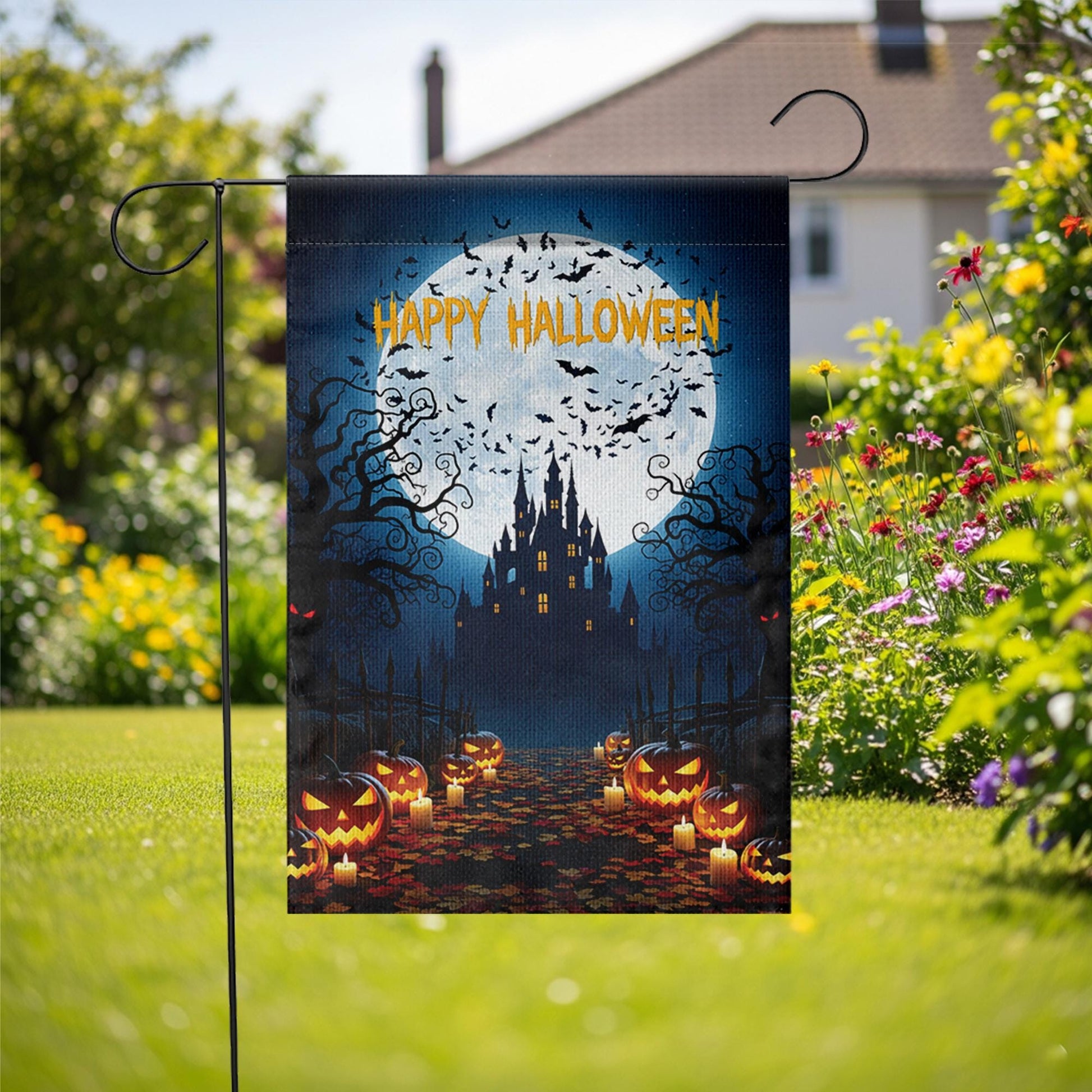 Happy Halloween Garden Flag | Haunted Castle Yard Decor | Spooky Pumpkin Outdoor Sign | Scary Fall Porch Decoration