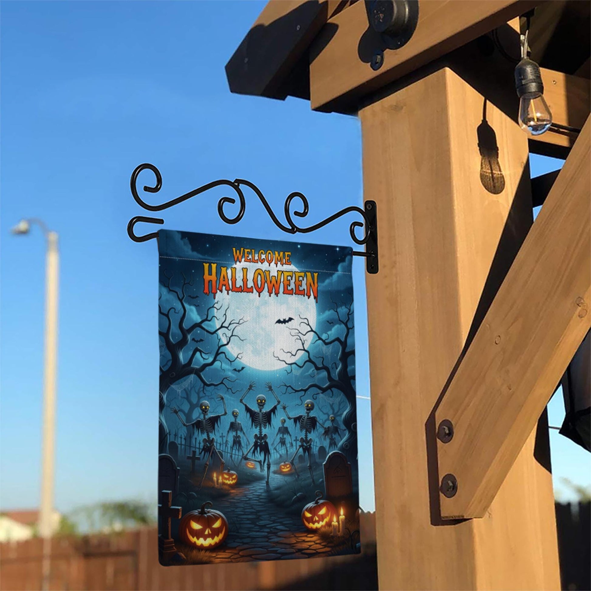 Welcome Halloween Garden Flag | Skeleton Graveyard Yard Decor | Spooky Outdoor Halloween Sign | Scary Fall Porch Flag