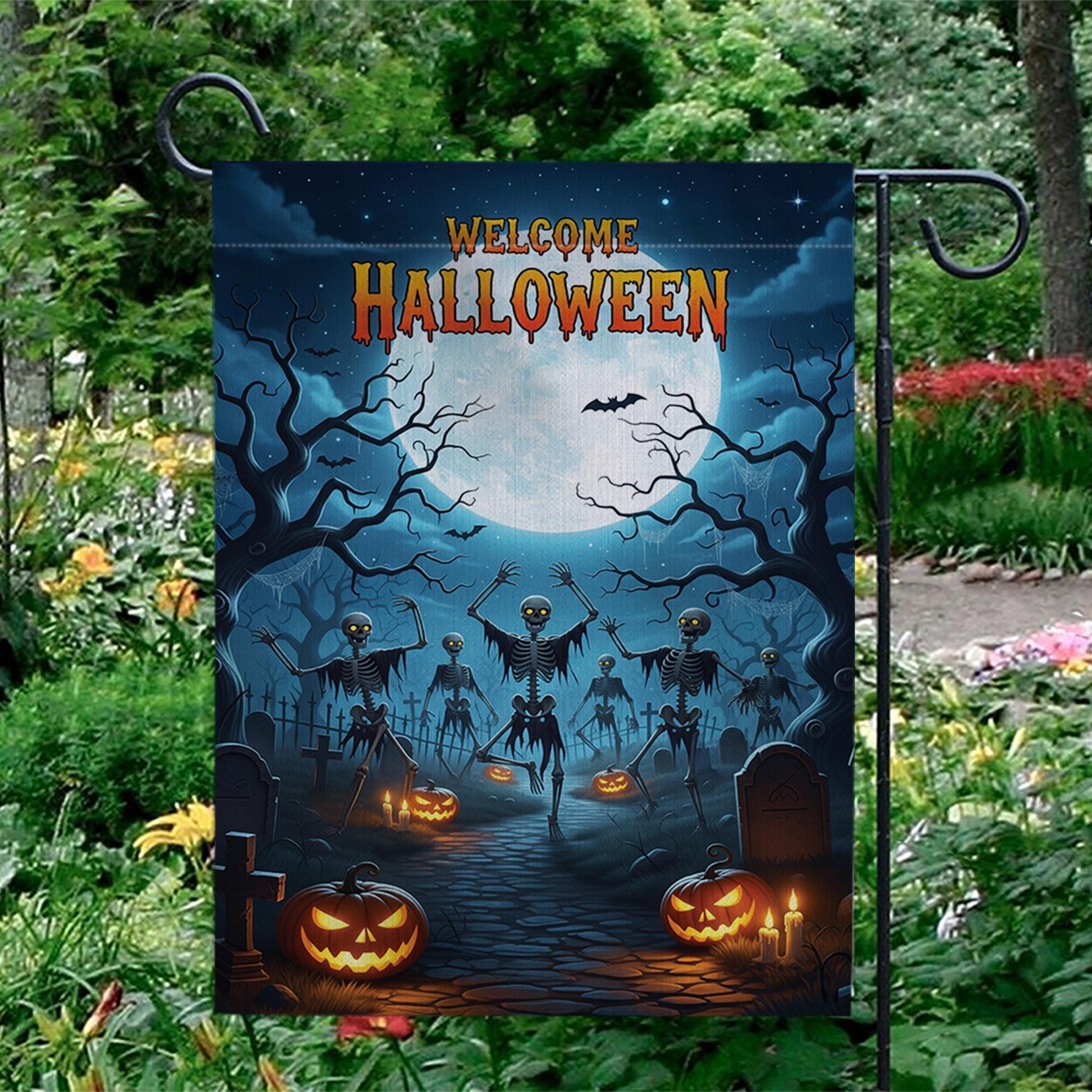 Welcome Halloween Garden Flag | Skeleton Graveyard Yard Decor | Spooky Outdoor Halloween Sign | Scary Fall Porch Flag