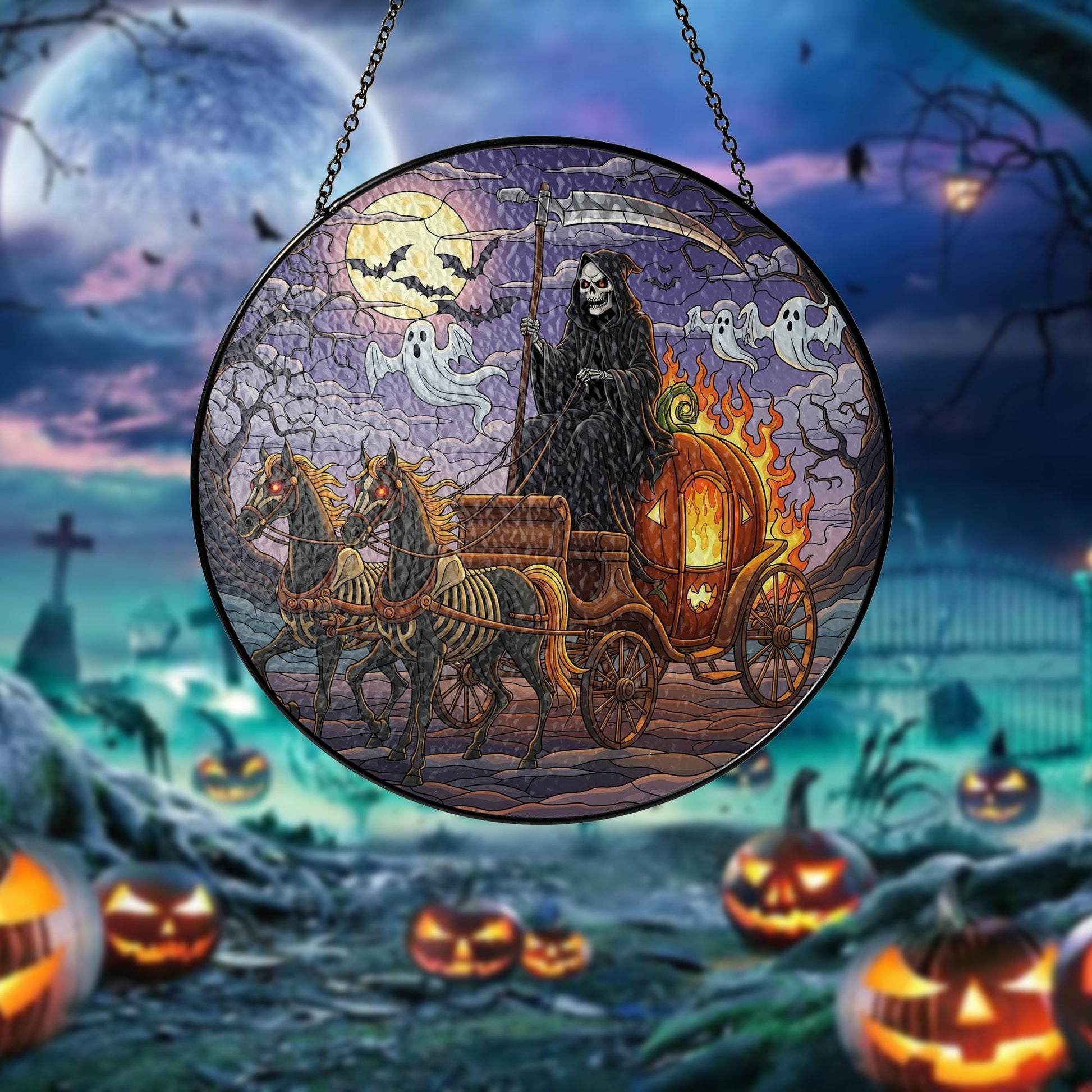 Grim Reaper Halloween Suncatcher | Pumpkin Carriage Stained Glass Decor | Spooky Window Hanging | Gothic Halloween Ornament