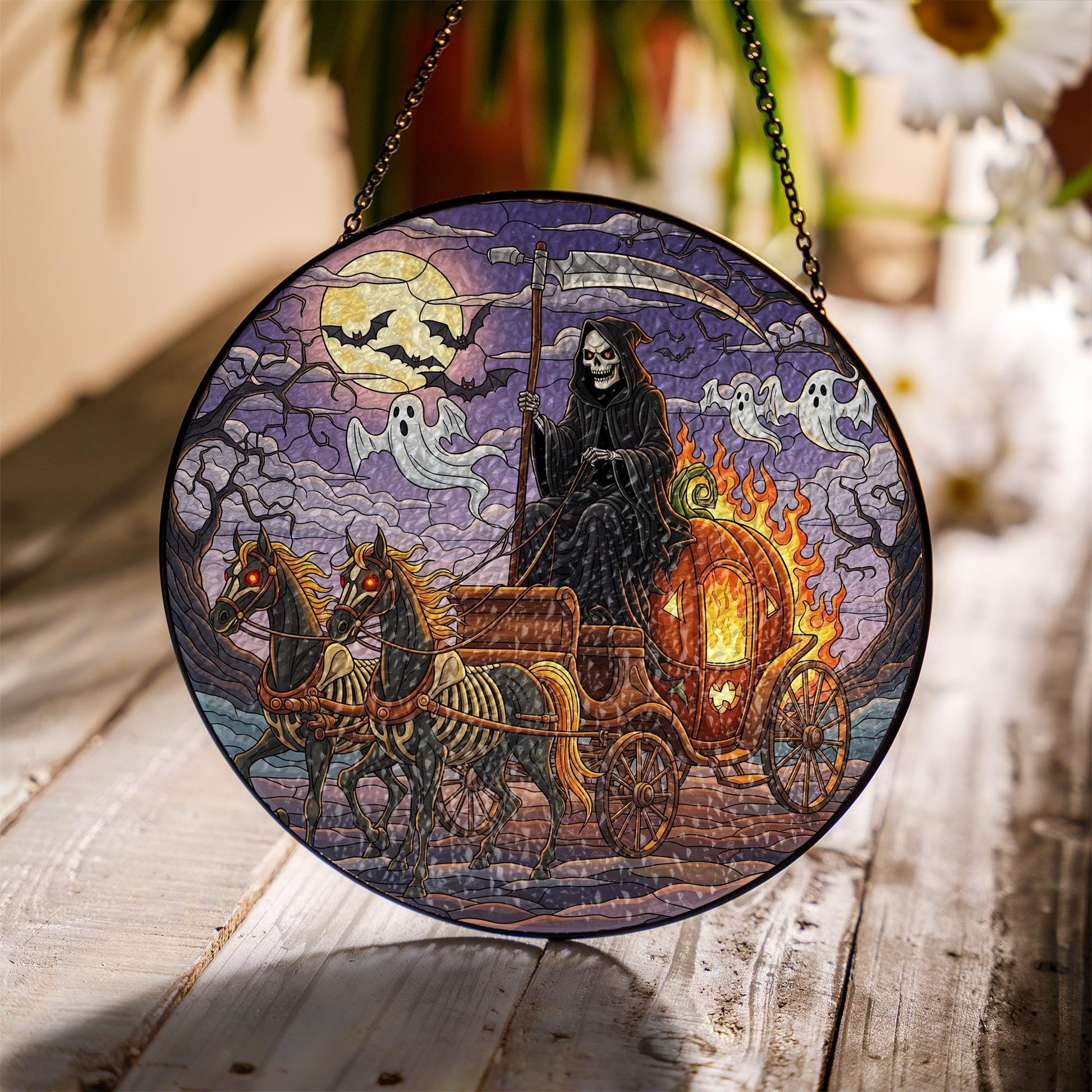 Grim Reaper Halloween Suncatcher | Pumpkin Carriage Stained Glass Decor | Spooky Window Hanging | Gothic Halloween Ornament