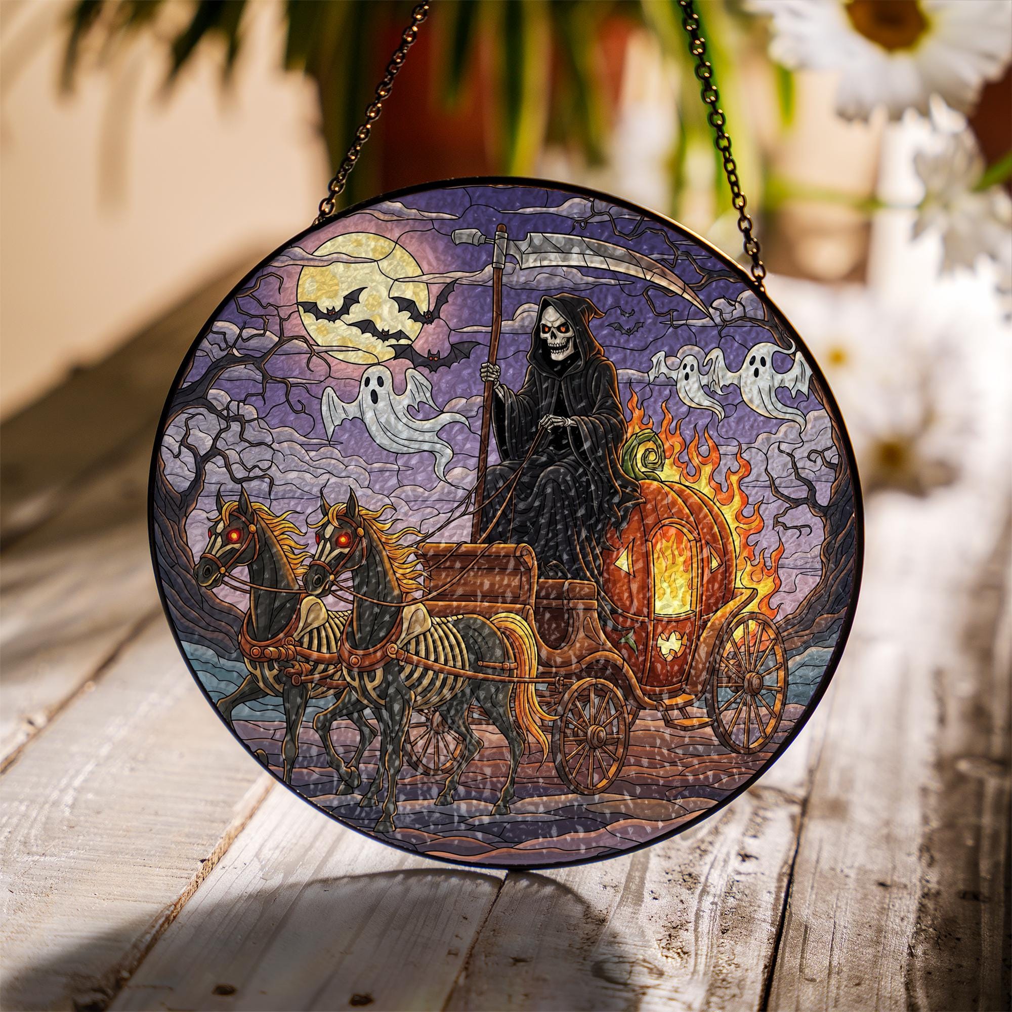 Grim Reaper Halloween Suncatcher | Pumpkin Carriage Stained Glass Decor | Spooky Window Hanging | Gothic Halloween Ornament