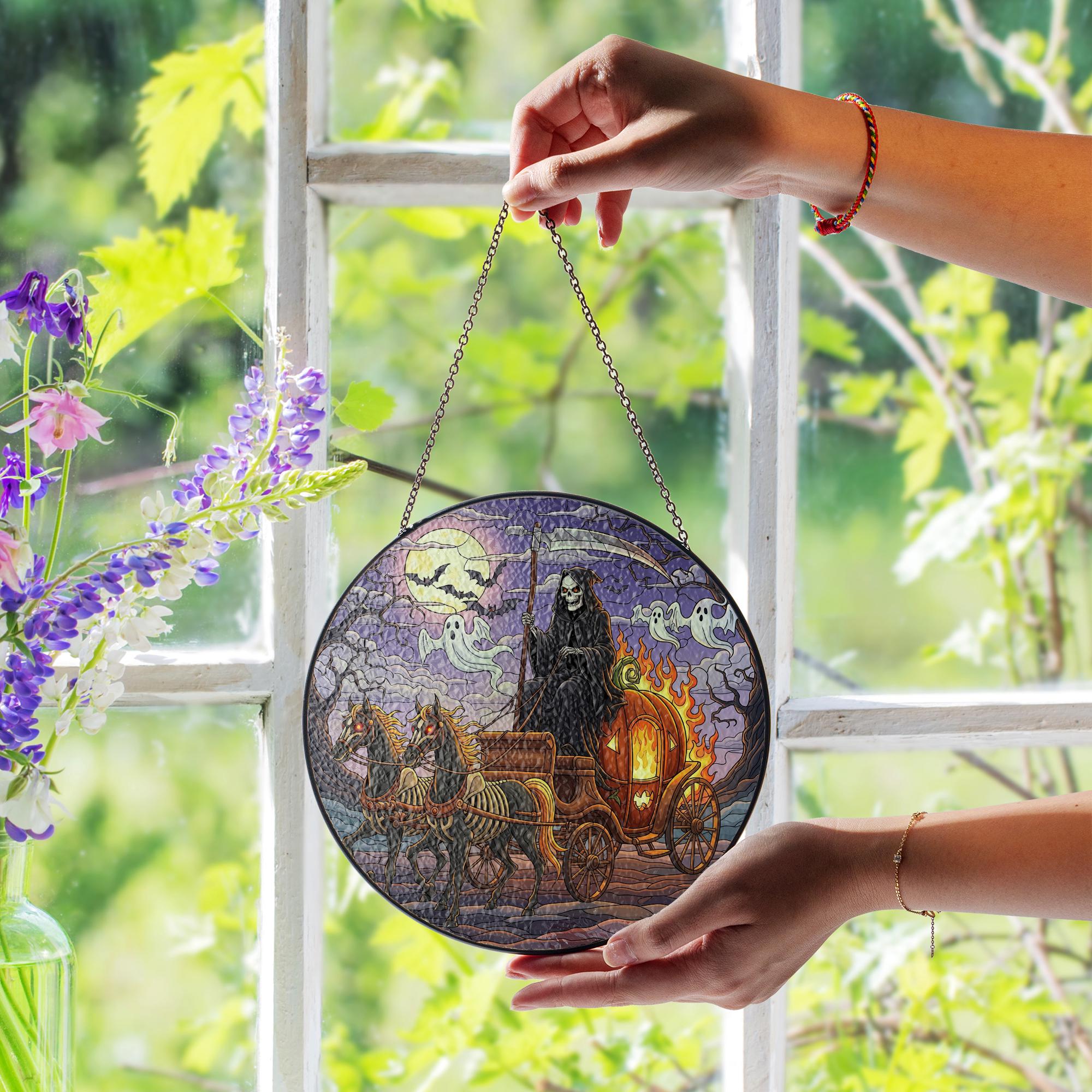 Grim Reaper Halloween Suncatcher | Pumpkin Carriage Stained Glass Decor | Spooky Window Hanging | Gothic Halloween Ornament